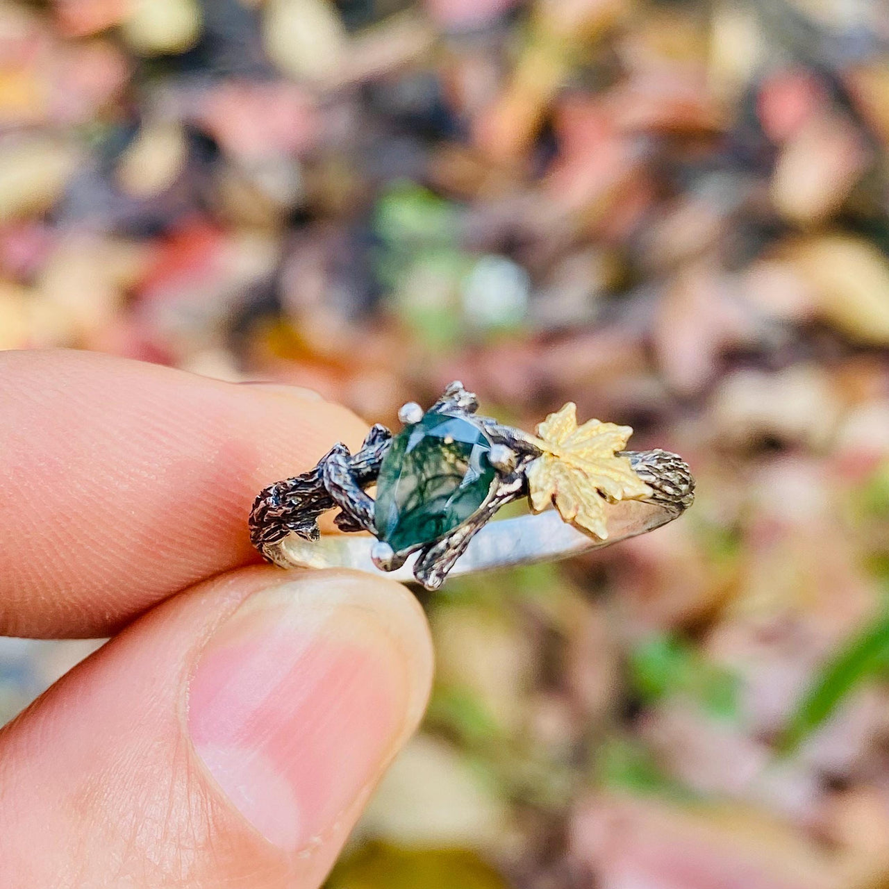 Natural moss agate branch silver ring, nuture inspired forest ring, twig and maple leaf ring, twig ring with stone, pormise ring for her