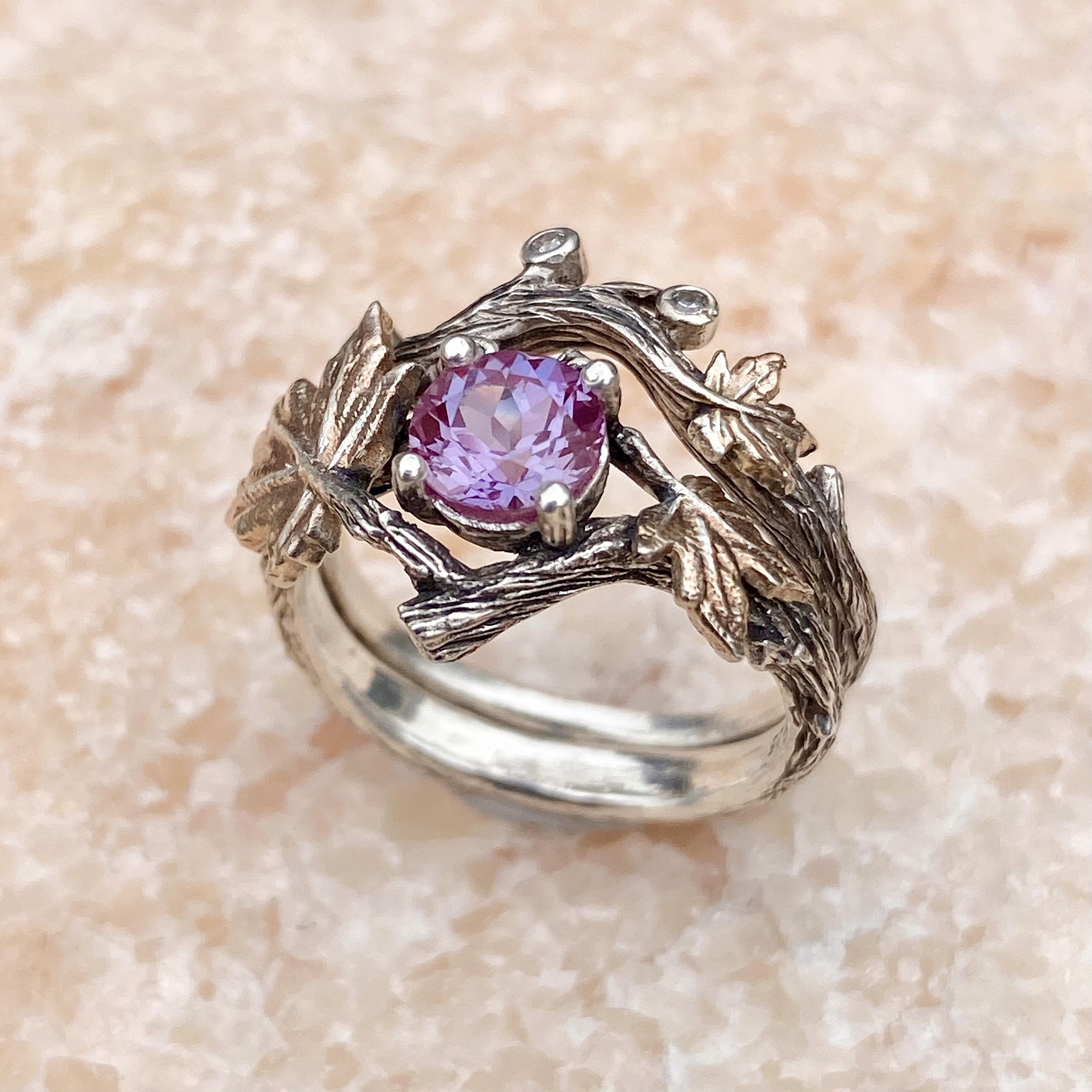 0.8 carat Alexandrite sterling silver branch stacking ring, twig wedding ring, Alexandrite silver ring set, ring for mom, Mother's Day gift