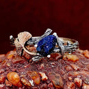 Blue sandstone silver tree branch ring, ginkgo and maple leaf wedding ring set, blue sandstone branch stacking ring, twig promise ring