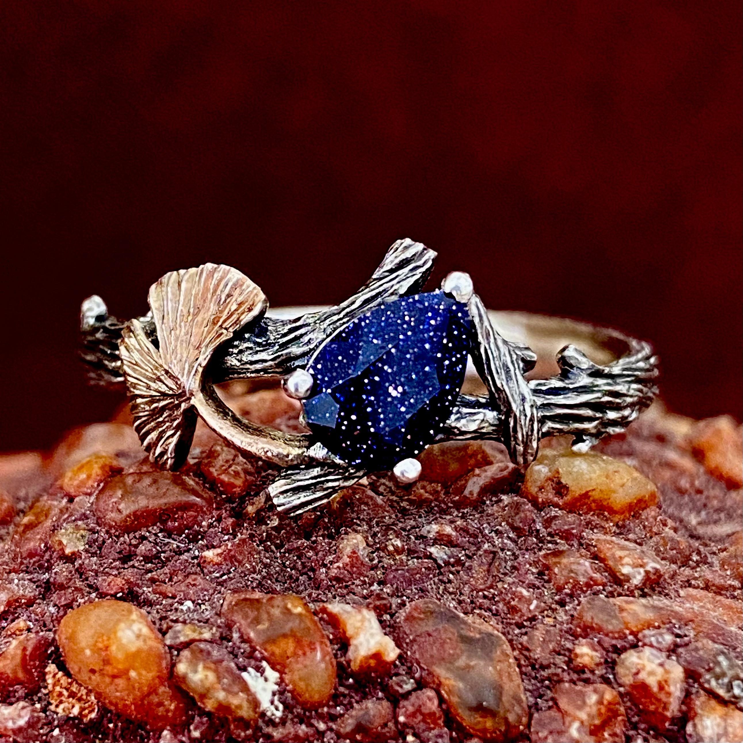 Blue sandstone silver tree branch ring, ginkgo and maple leaf wedding ring set, blue sandstone branch stacking ring, twig promise ring