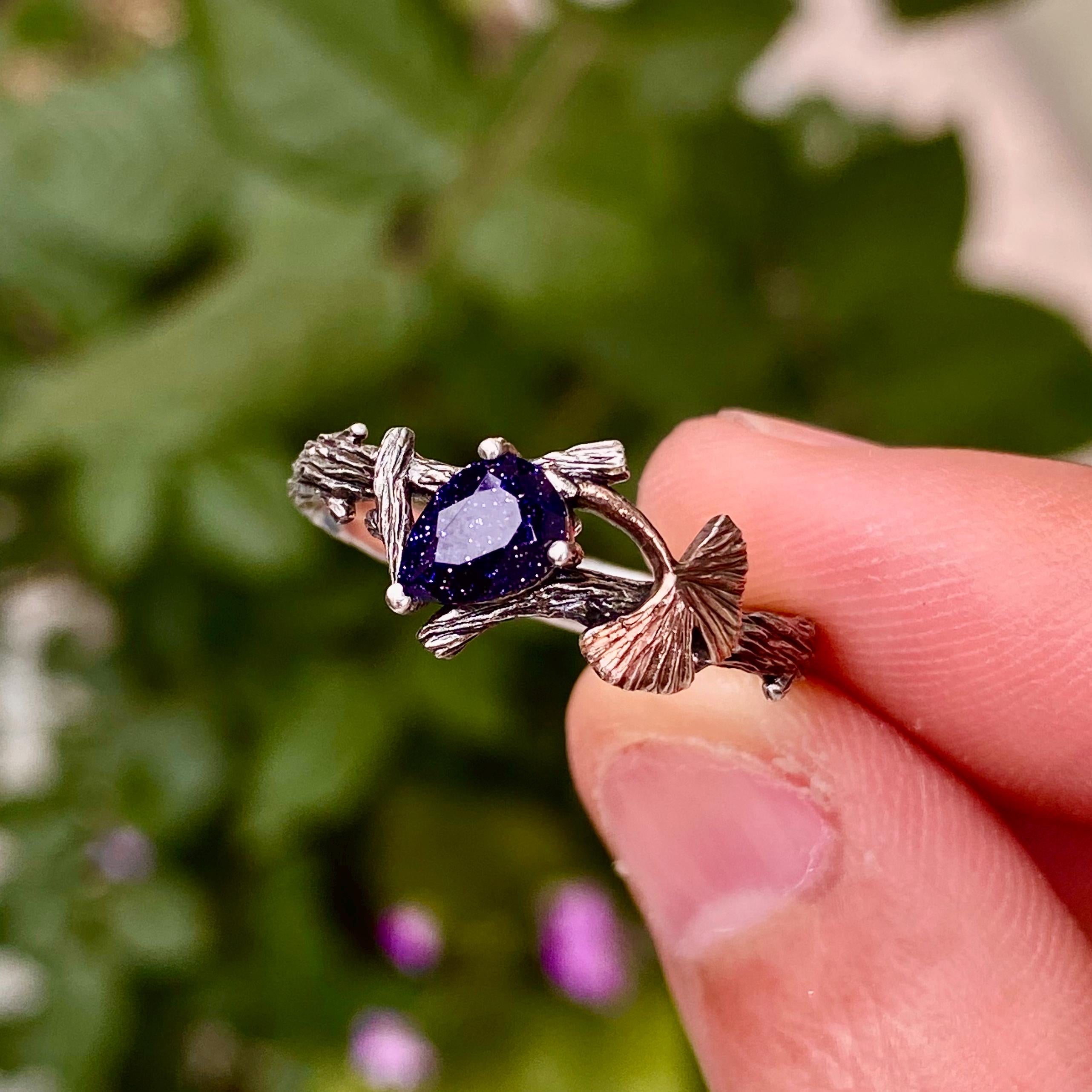 Blue sandstone silver tree branch ring, ginkgo and maple leaf wedding ring set, blue sandstone branch stacking ring, twig promise ring