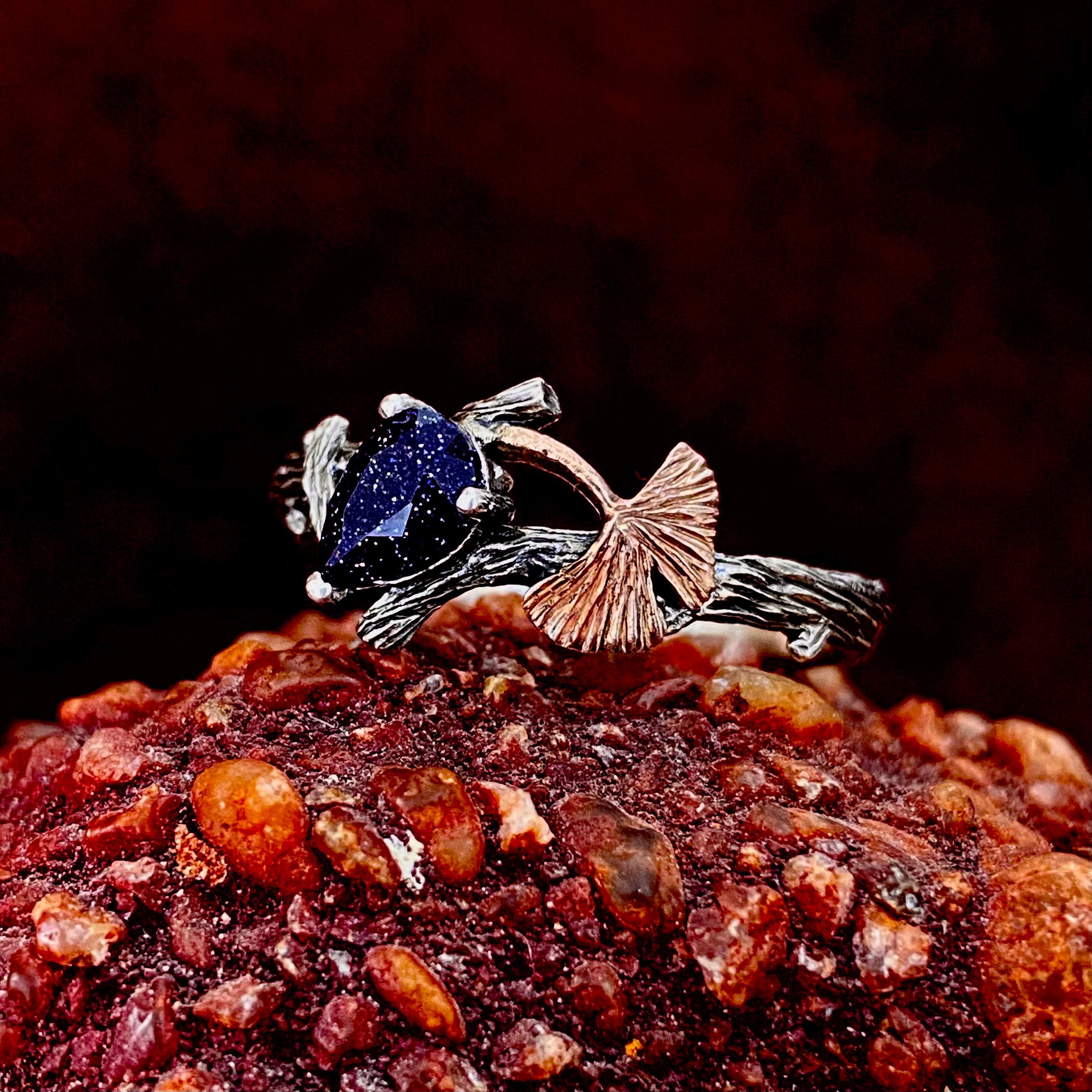 Blue sandstone silver tree branch ring, ginkgo and maple leaf wedding ring set, blue sandstone branch stacking ring, twig promise ring