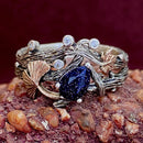 Elf silver branch ring set, silver ring inlaid with blue sandstone, magic forest stacking ring, twig silver ring, natural style bridal set
