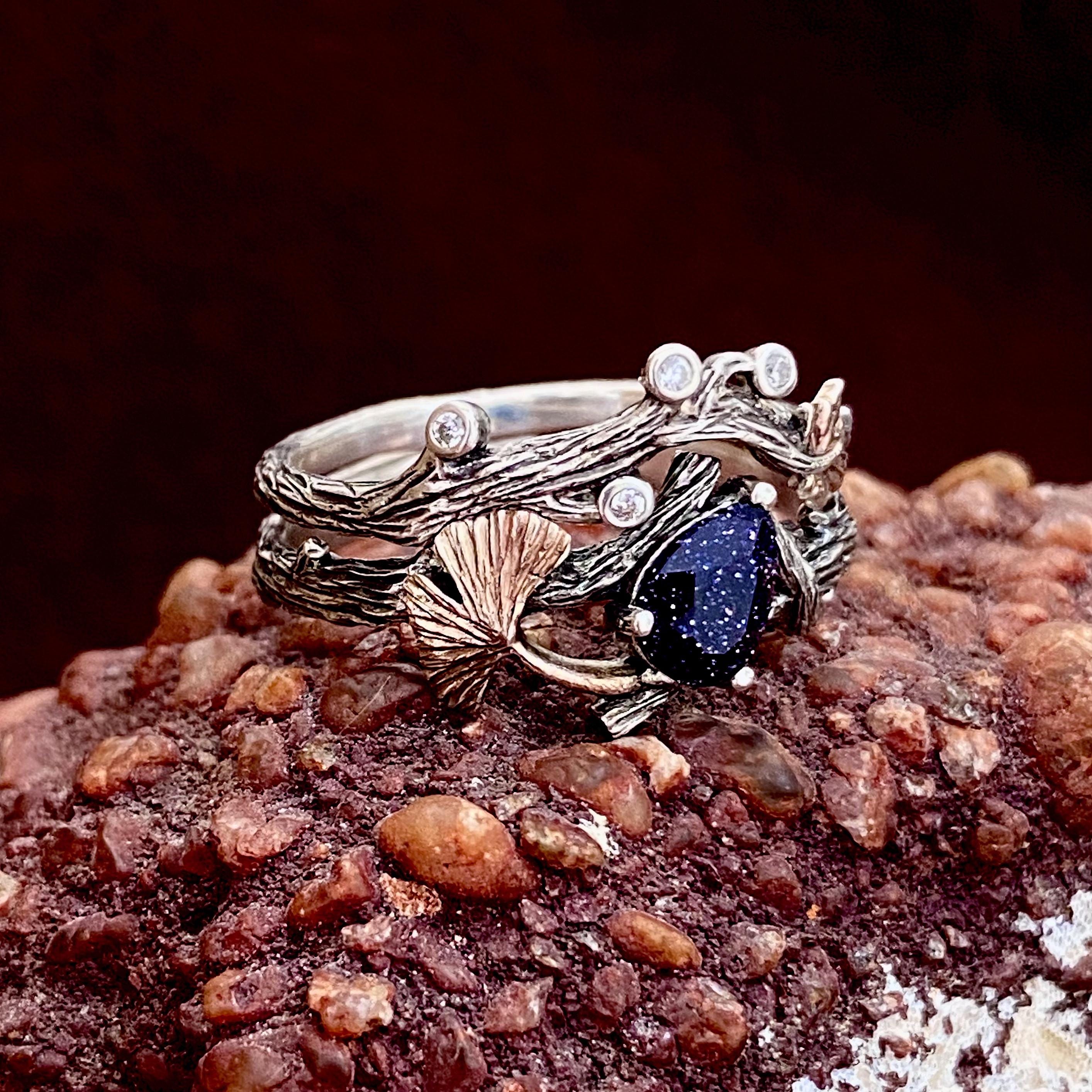 Elf silver branch ring set, silver ring inlaid with blue sandstone, magic forest stacking ring, twig silver ring, natural style bridal set