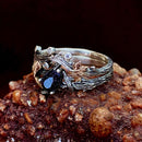Elf silver branch ring set, silver ring inlaid with blue sandstone, magic forest stacking ring, twig silver ring, natural style bridal set