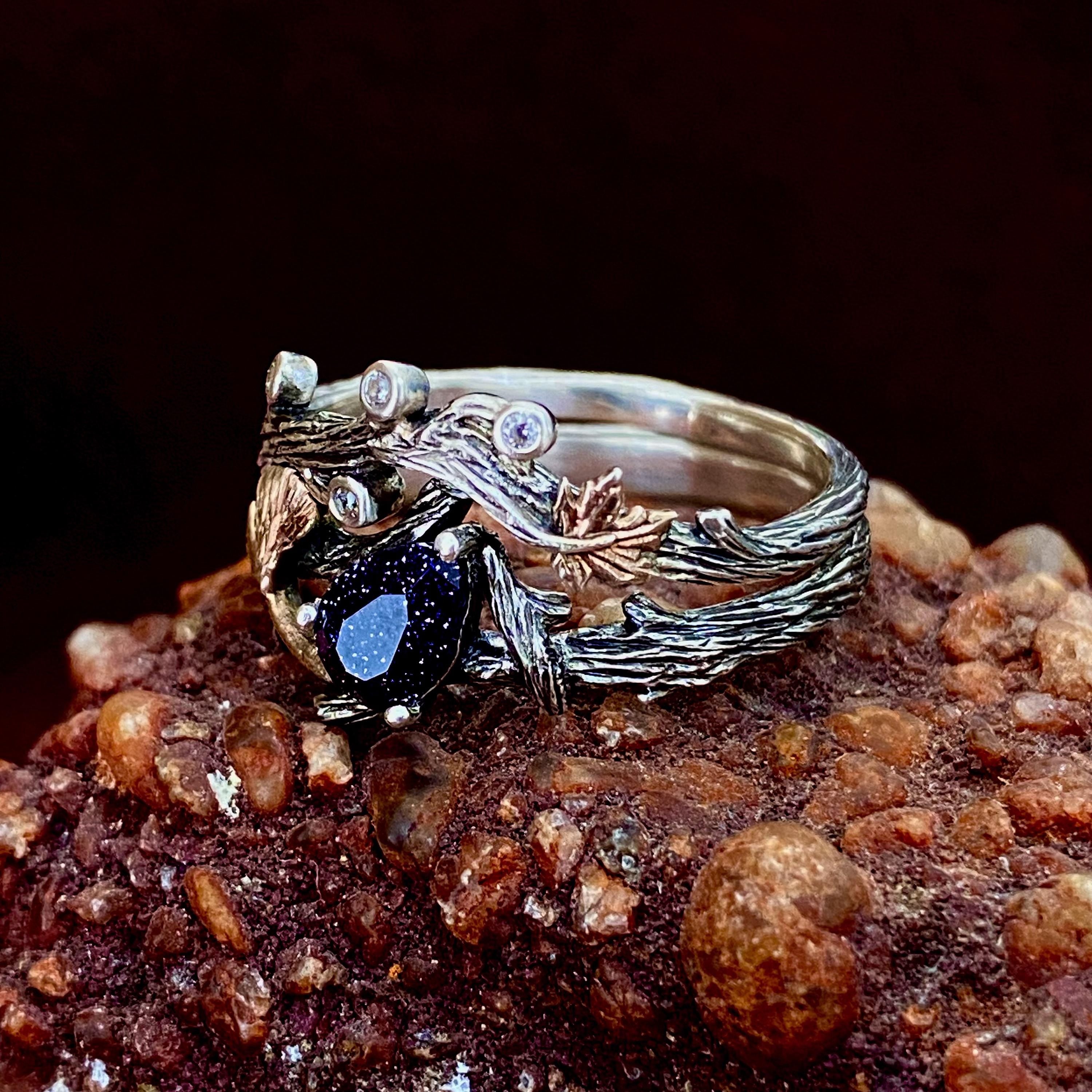 Elf silver branch ring set, silver ring inlaid with blue sandstone, magic forest stacking ring, twig silver ring, natural style bridal set