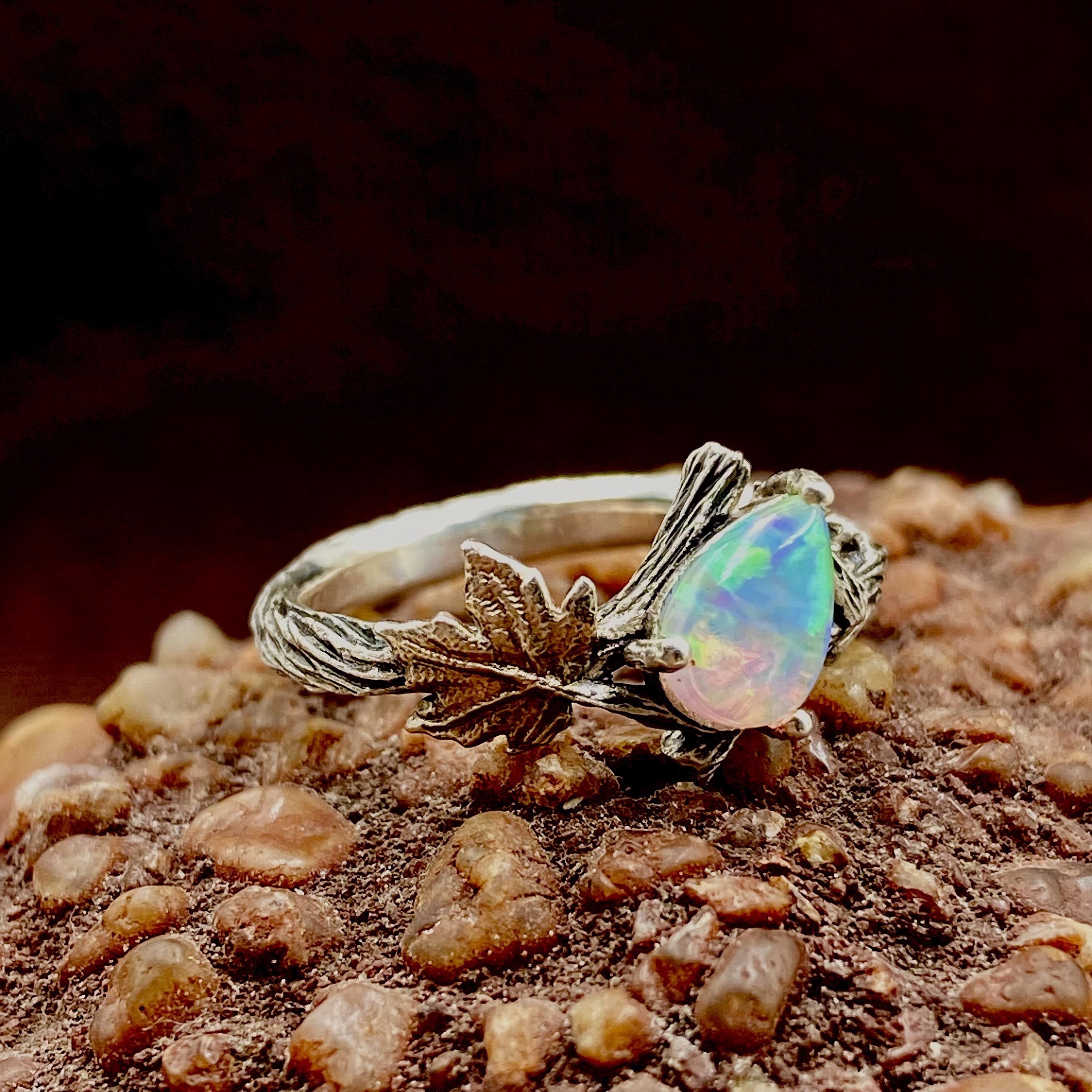 Natural opal stone sterling silver branch wedding ring, women's maple leaf ring, personalized vintage S925 silver ring, gift for her