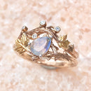 Natural gray moonstone branch silver ring, 14K rose gold plated twig stacking bridal rings, hand-carved bark ring, wedding rings set