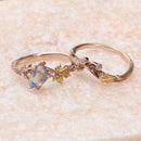 Natural gray moonstone branch silver ring, 14K rose gold plated twig stacking bridal rings, hand-carved bark ring, wedding rings set