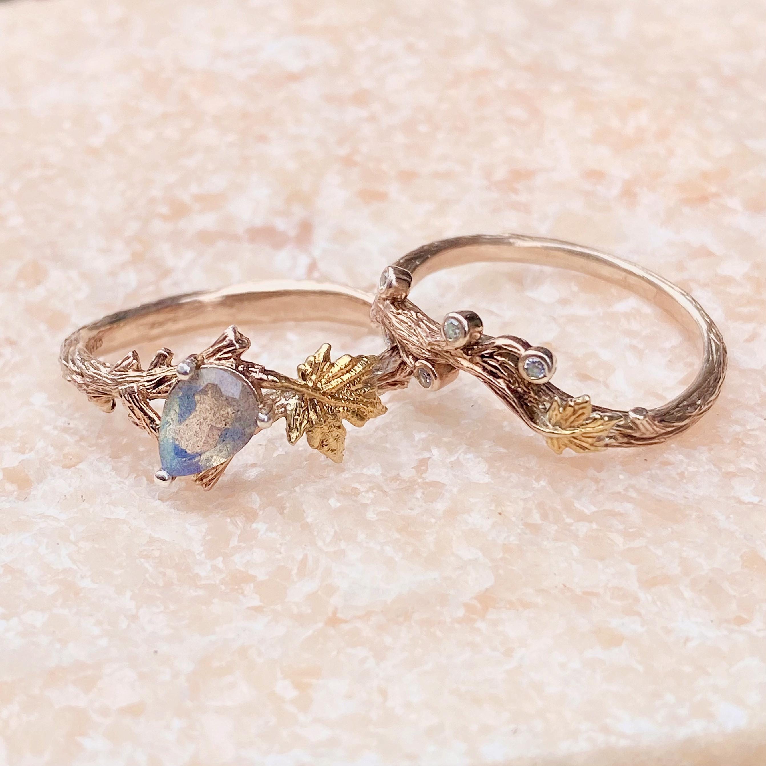 Natural gray moonstone branch silver ring, 14K rose gold plated twig stacking bridal rings, hand-carved bark ring, wedding rings set