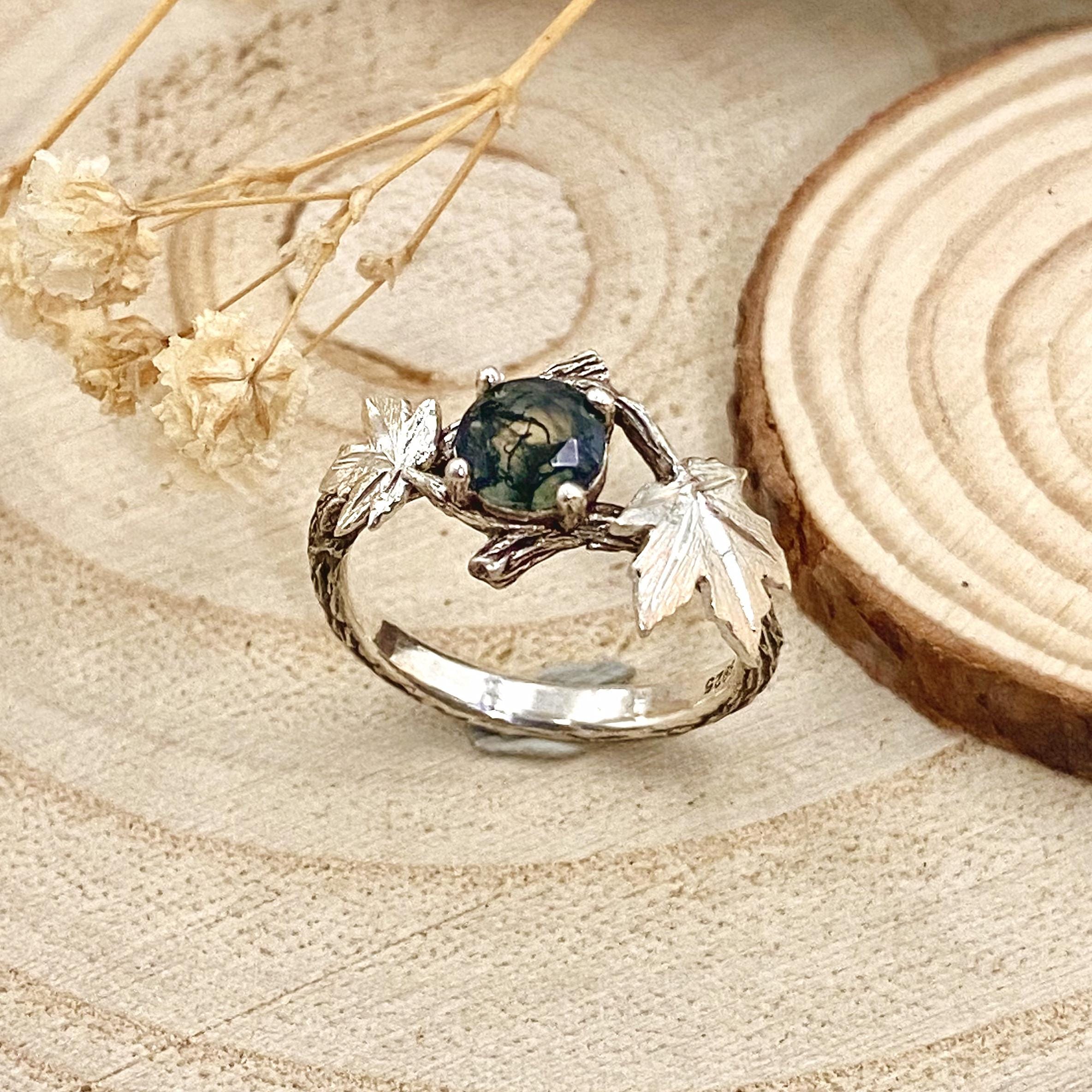 Nature round moss agate branch wedding ring, unusual bark maple leaf ring, unique twig ring, women's rustic ring, branch ring for women