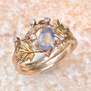 Natural gray moonstone branch silver ring, 14K rose gold plated twig stacking bridal rings, hand-carved bark ring, wedding rings set