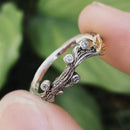 Branch maple leaf sterling silver ring, hand carved bark ring, small zircon vine leaf ring, oxidized distressed vintage twig leaf ring