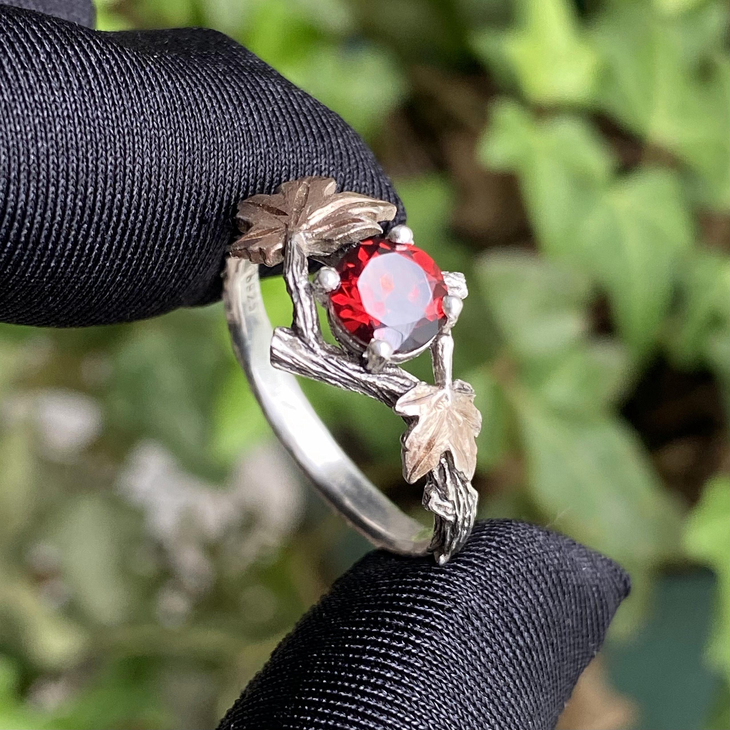 S925 sterling silver garnet ring, vintage tree branch and maple leaf ring, twig ring with garnet, hand carved bark ring, statement ring