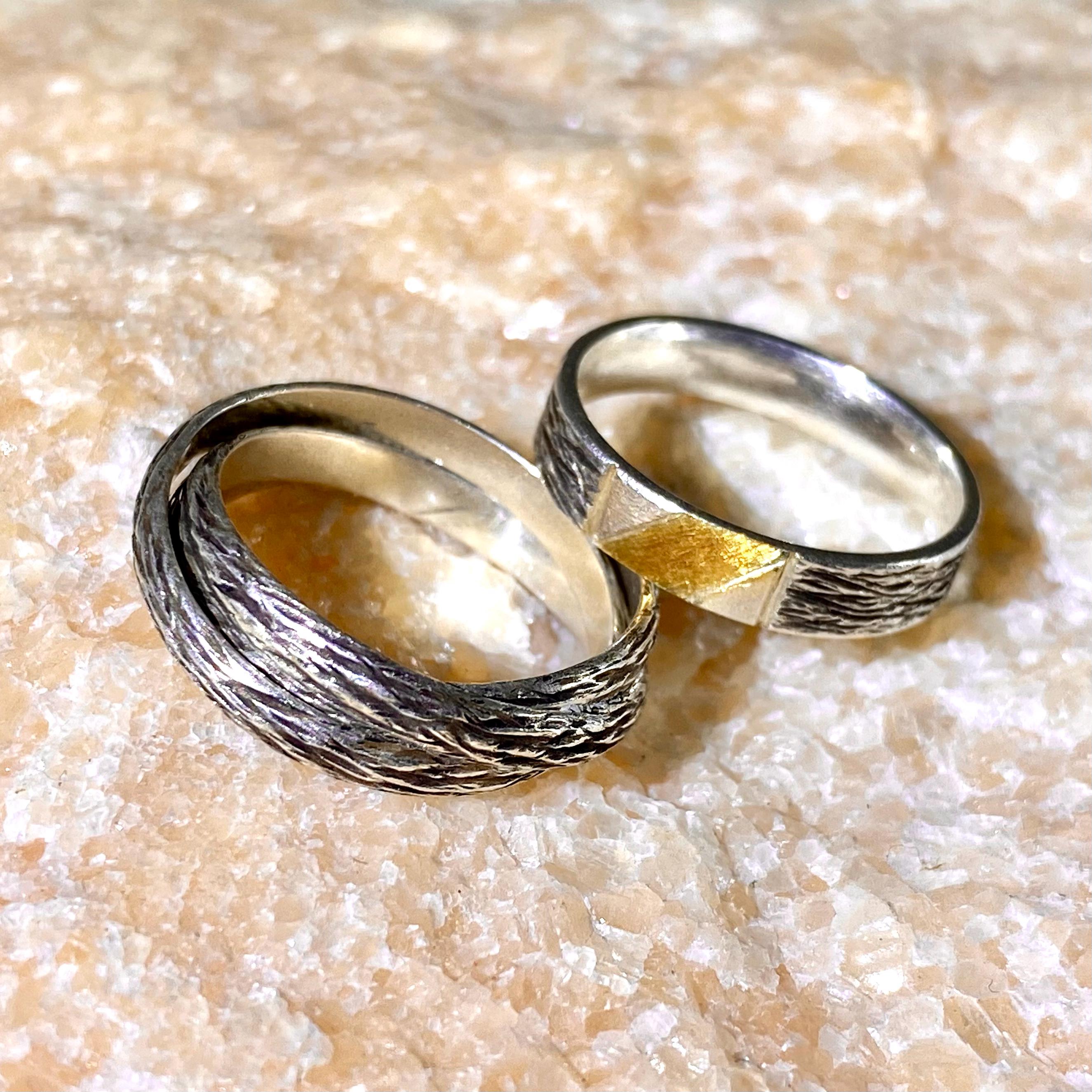 Sterling silver statement stacking rings, hand carved bark rings, woodland rings, optional decompression ring, promise rings