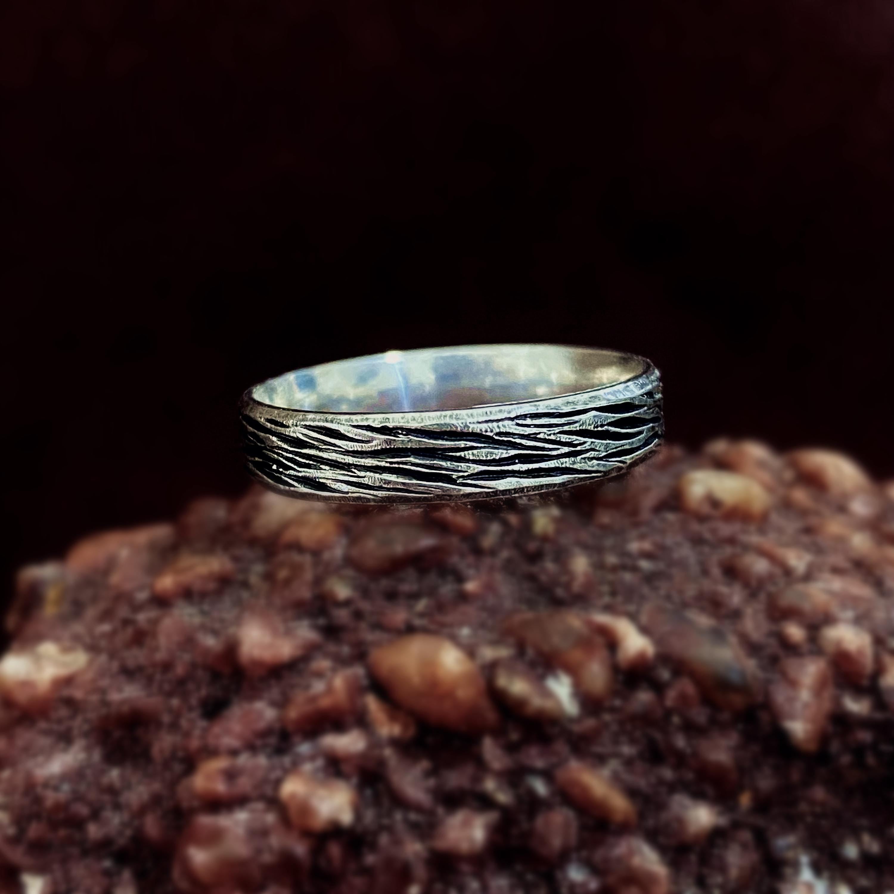 Vintage simple bark carving ring, S999 silver engagement ring, personalized bark ring, original hand-carved, wedding ring for men and women.