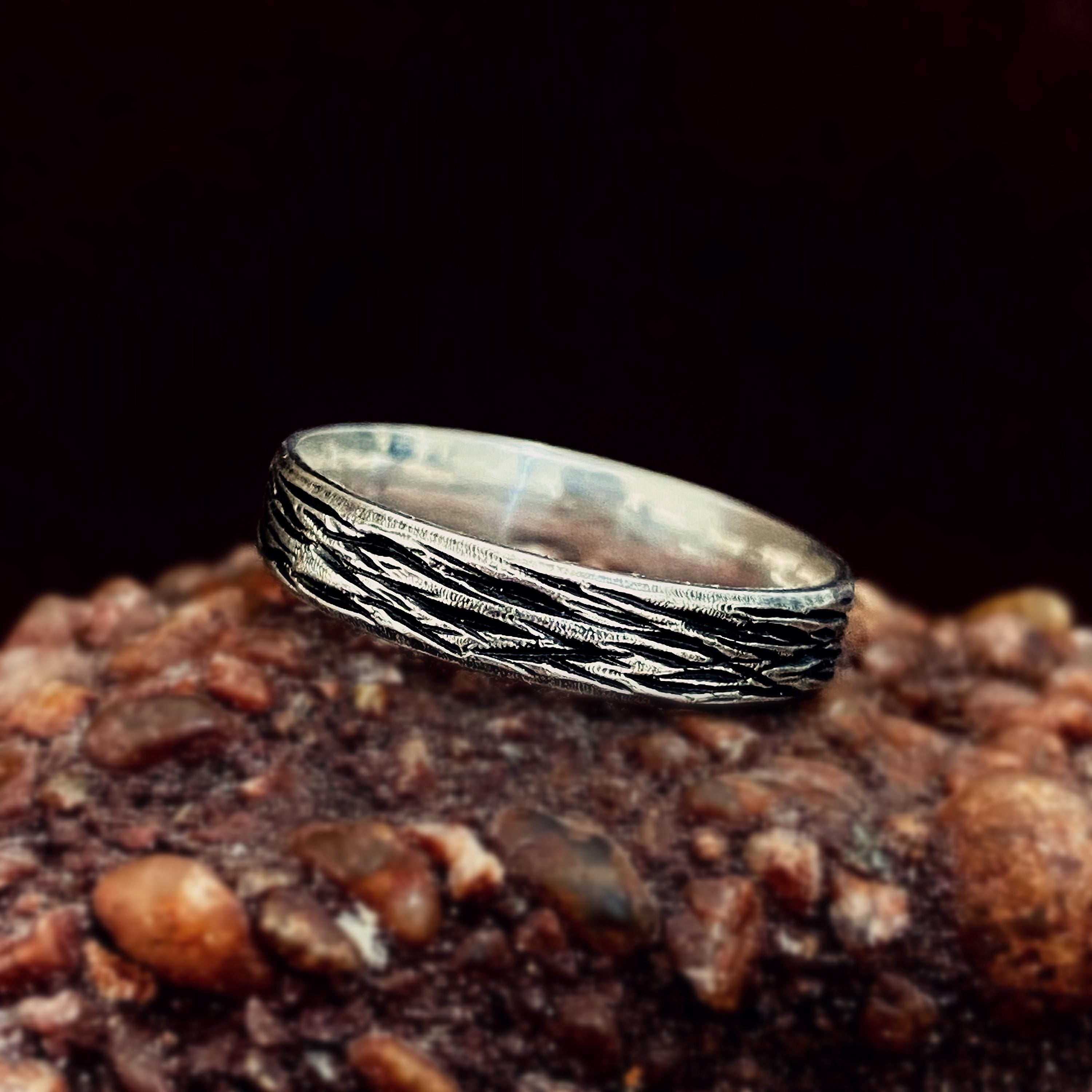 Vintage simple bark carving ring, S999 silver engagement ring, personalized bark ring, original hand-carved, wedding ring for men and women.