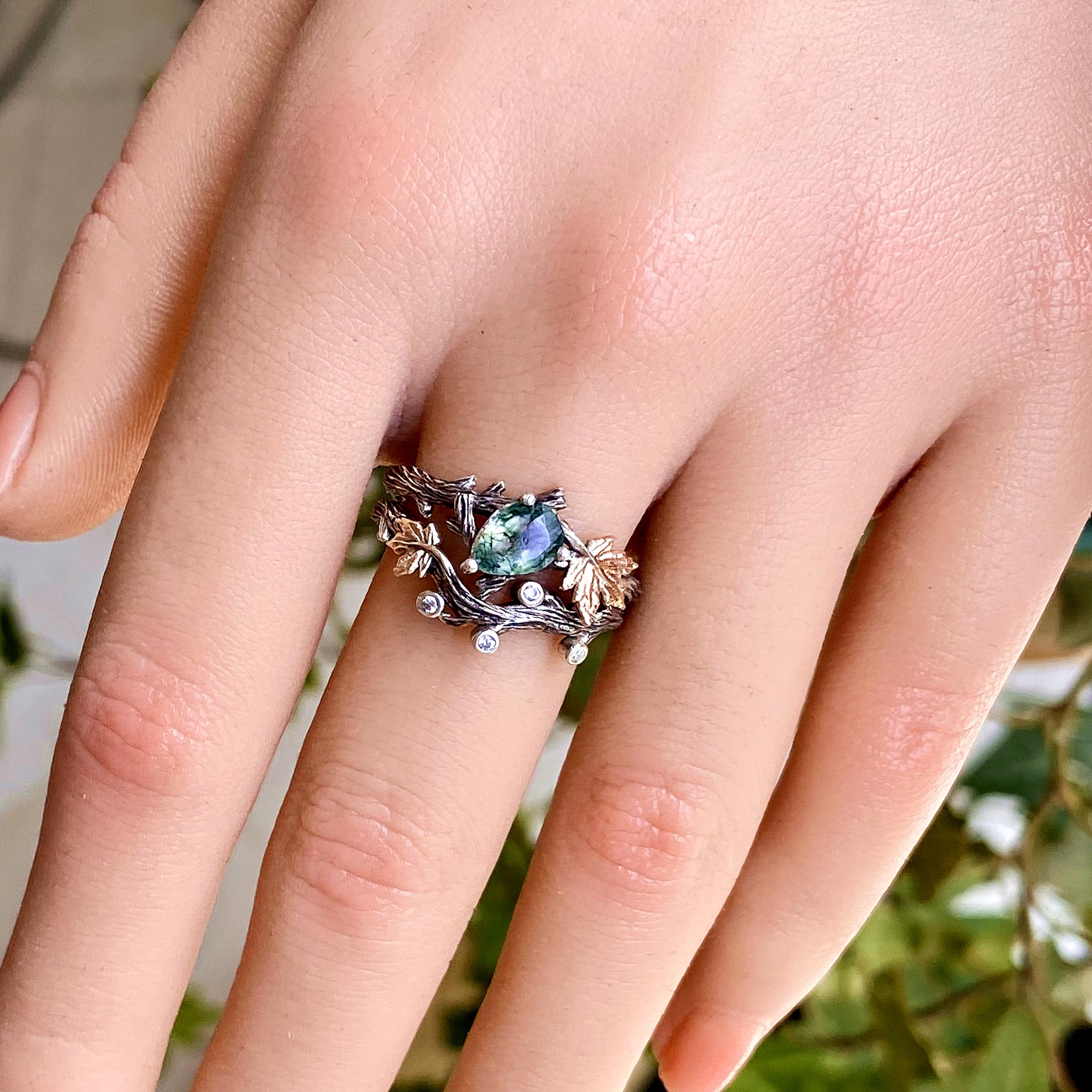 Natural moss agate tree branch rings set, S925 sterling silver engagement ring, wedding band, twig ring with stone, twig stacking ring