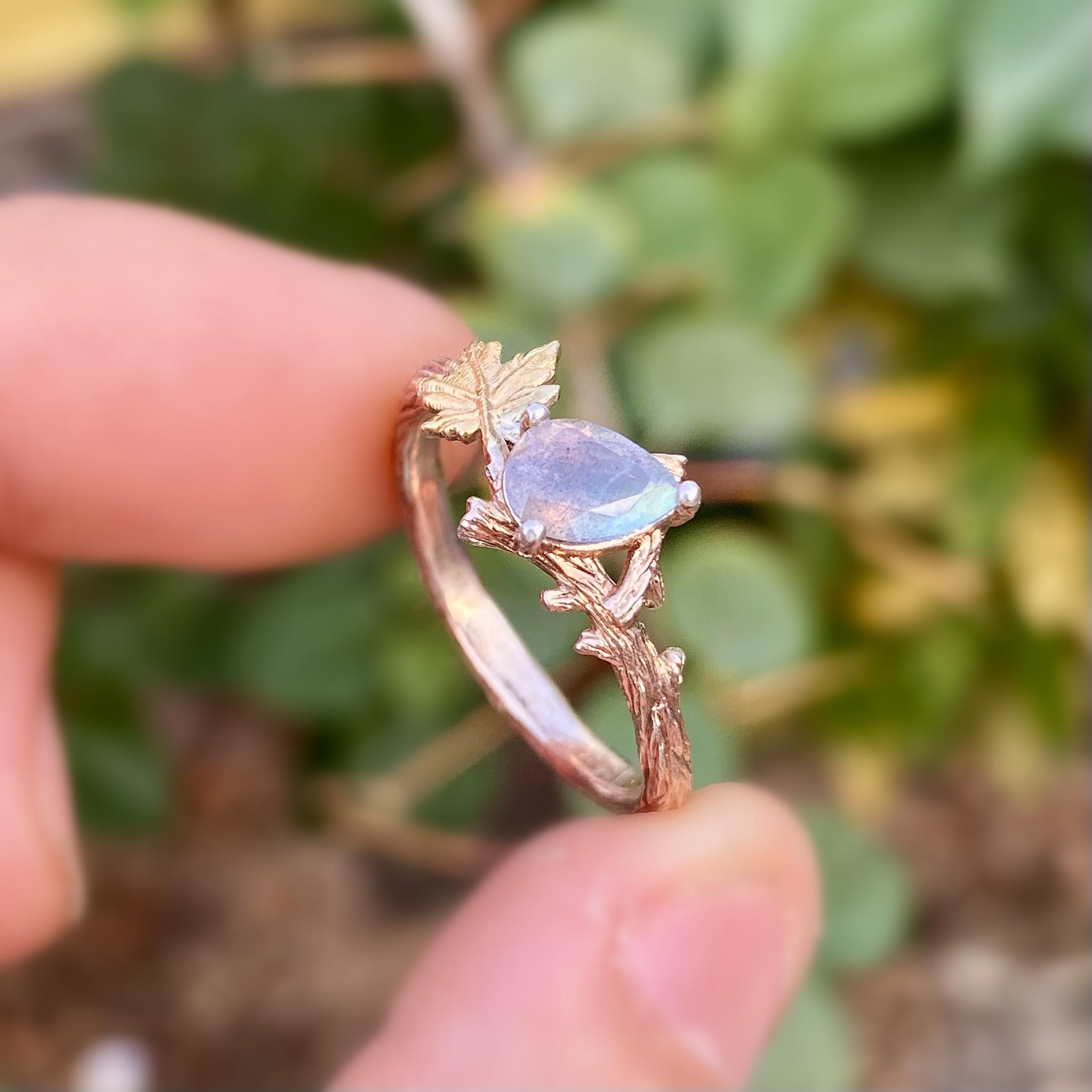 Sterling silver tree branch wedding ring with natural grey moonstone, unique rose gold tree twig ring, vintage style wedding ring