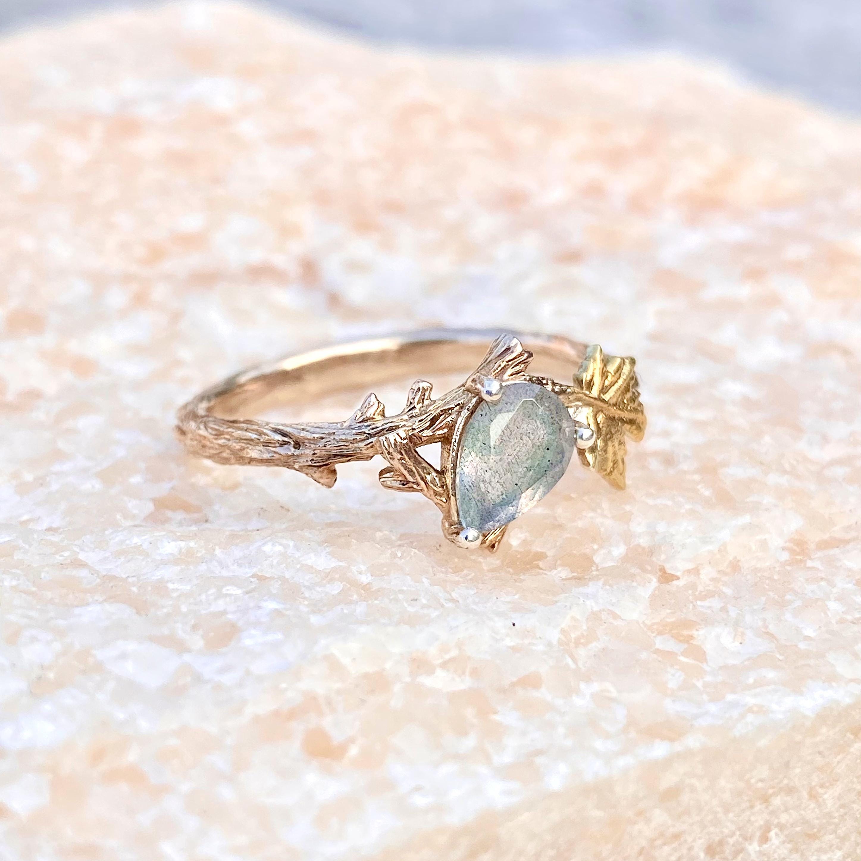 Sterling silver tree branch wedding ring with natural grey moonstone, unique rose gold tree twig ring, vintage style wedding ring