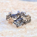 Natural black rutilated quartz branch rings set, unique twig and leaf ring, black rutilated quartz silver ring, stackable promise ring