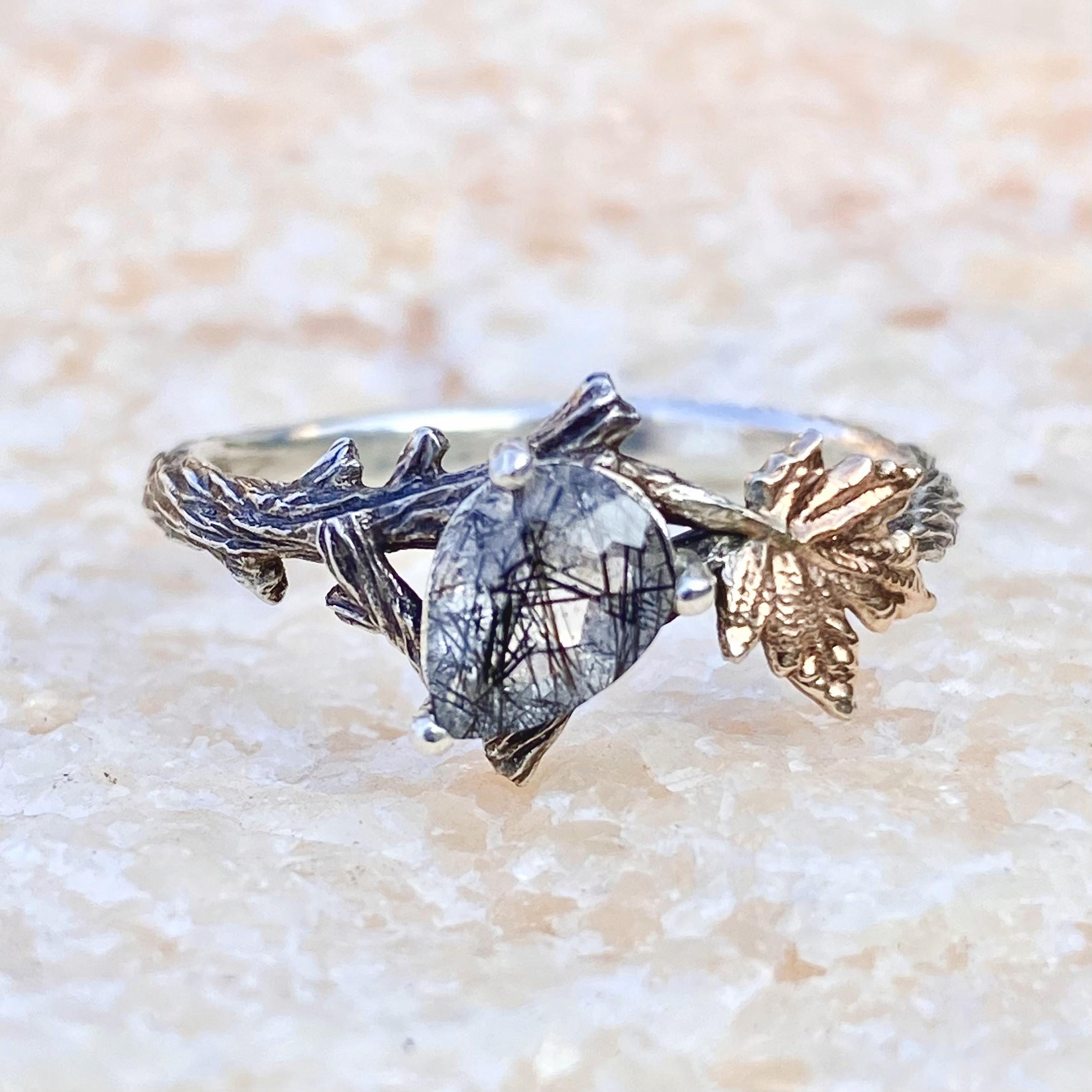 Natural Black Rutilated Quartz branch ring, sterling silve twig ring, hand-carved bark ring, anniversary gift, birthday for her