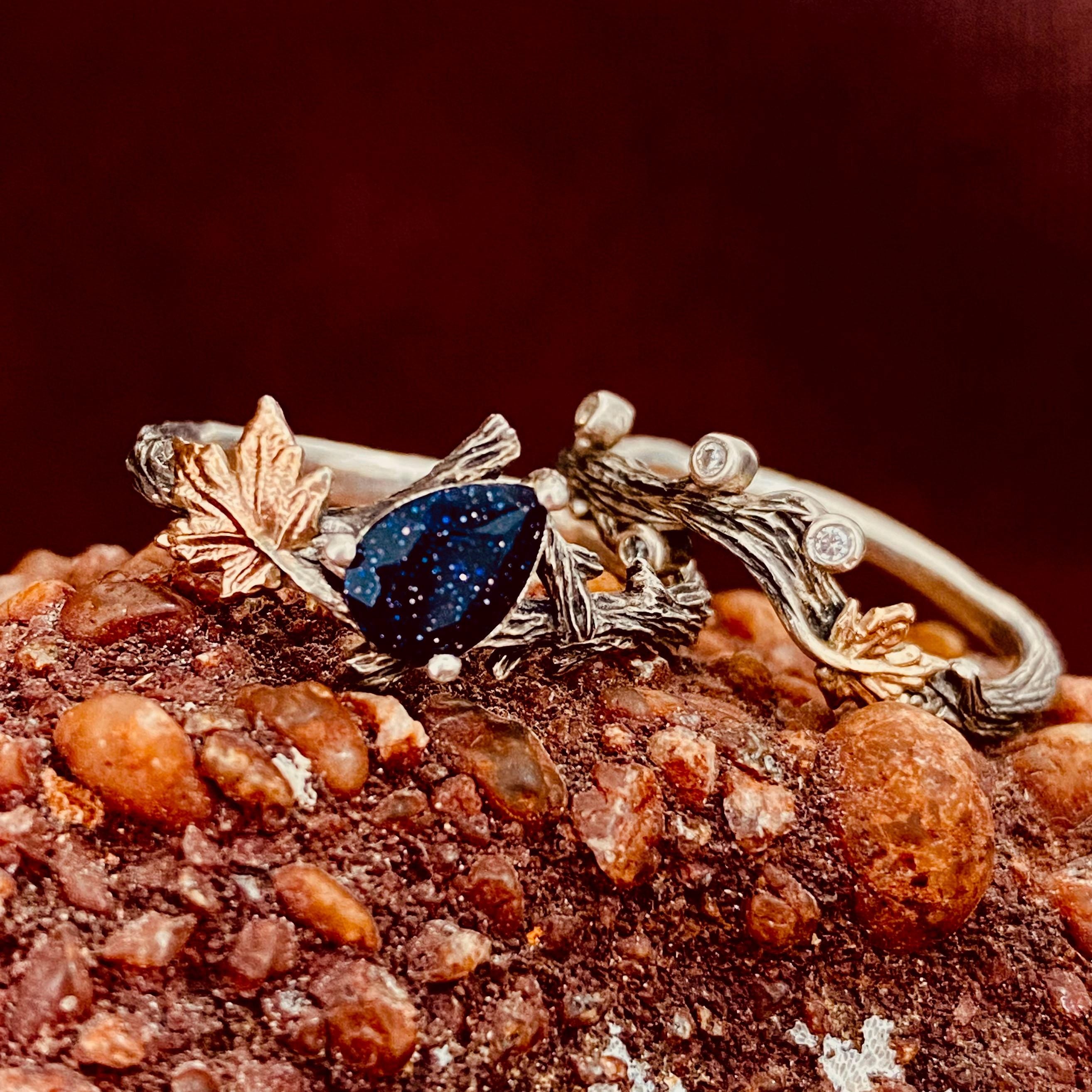 Maple Leaf Stacked Blue Sandstone Silver Twig Ring, Hand-carved Leaf Ring, Personalized Wedding Ring, Engagement Ring, Promise Ring for her