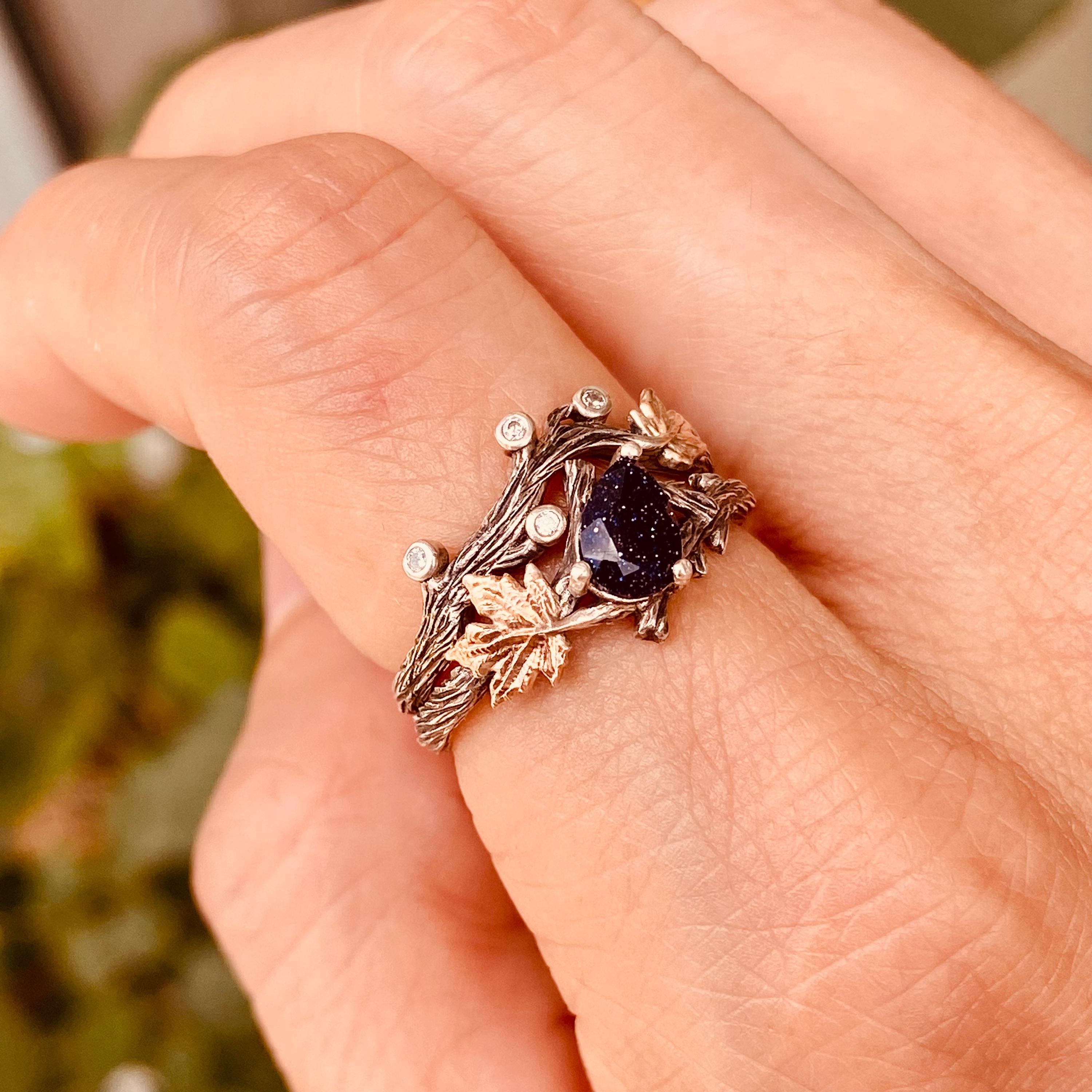 Maple Leaf Stacked Blue Sandstone Silver Twig Ring, Hand-carved Leaf Ring, Personalized Wedding Ring, Engagement Ring, Promise Ring for her