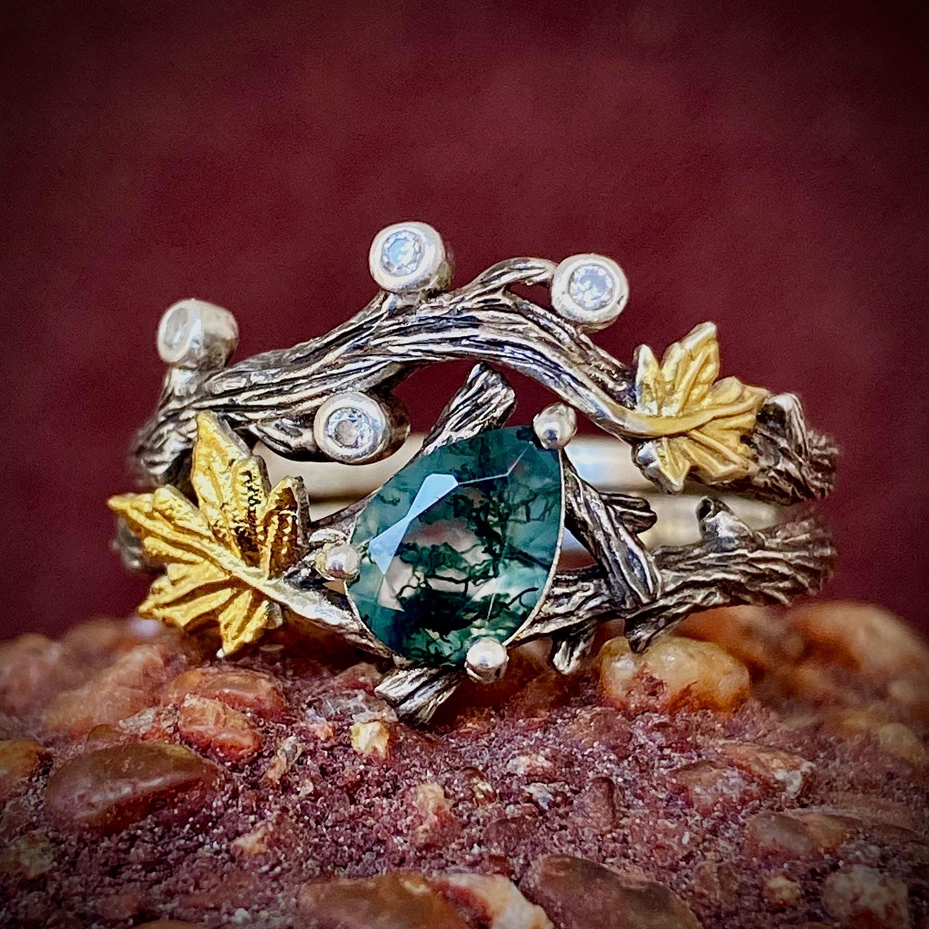 Natural Moss Agate Bracnh Rings Set, Pear Cut Engagement Ring, Twig and Maple Leaf Forest Ring, Wedding Ring, Promise Stackable Rings