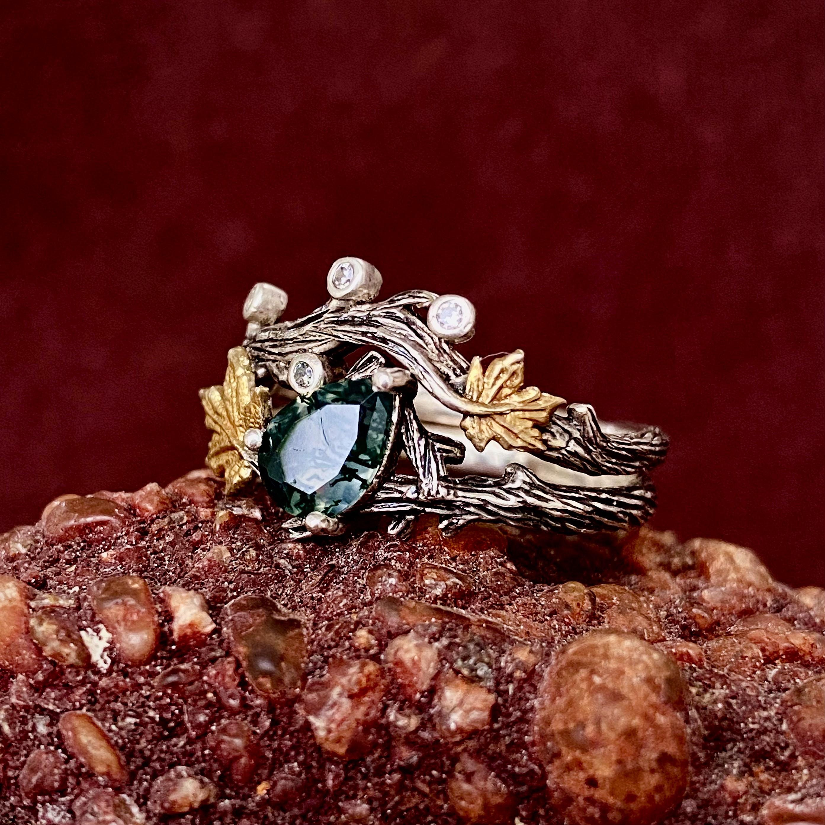 Natural Moss Agate Bracnh Rings Set, Pear Cut Engagement Ring, Twig and Maple Leaf Forest Ring, Wedding Ring, Promise Stackable Rings