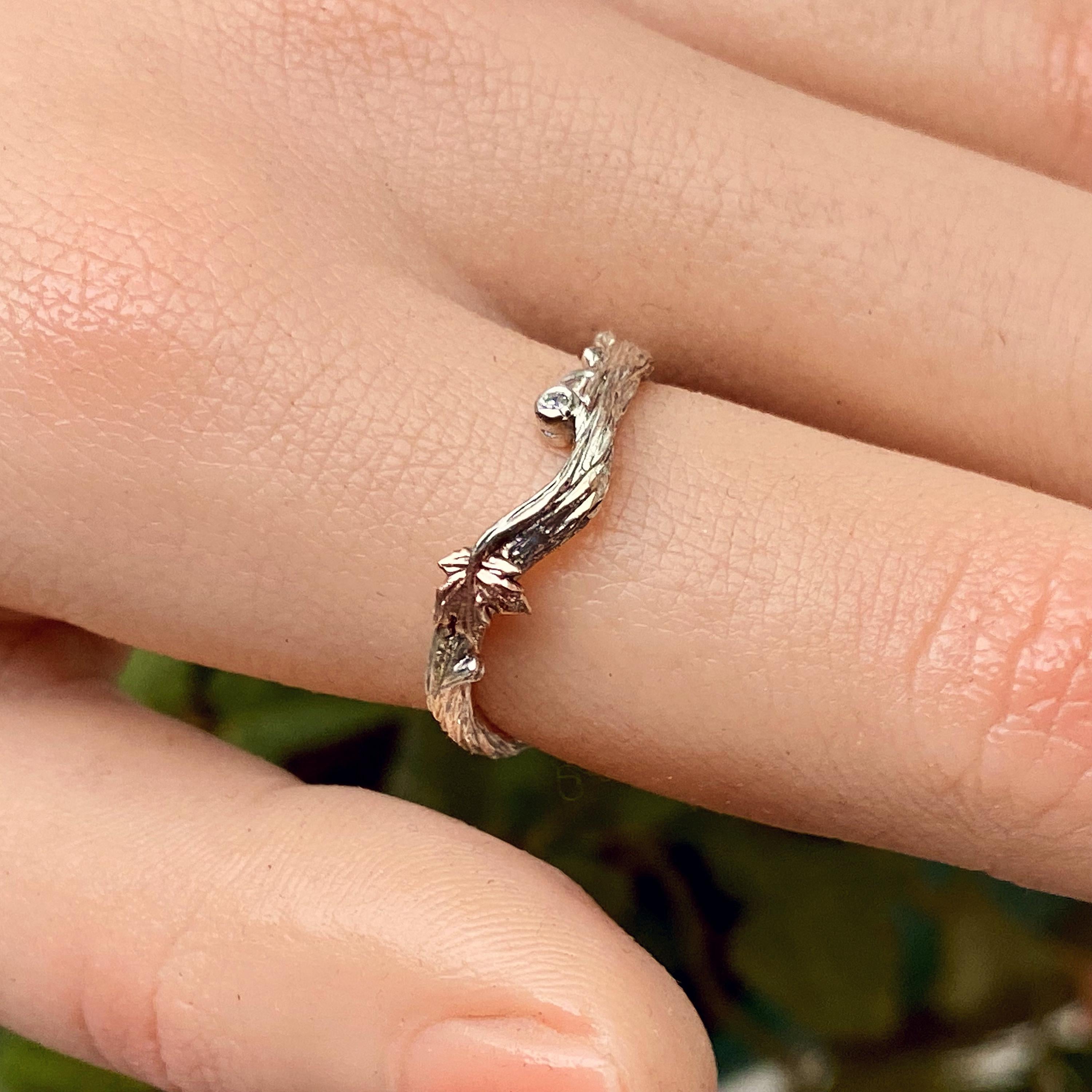 Hand-Carved Sterling Silver Branch Ring: Maple Leaf Promise Ring, Exquisite, S925, Vintage, Unique, With stone, For women, Forest Style