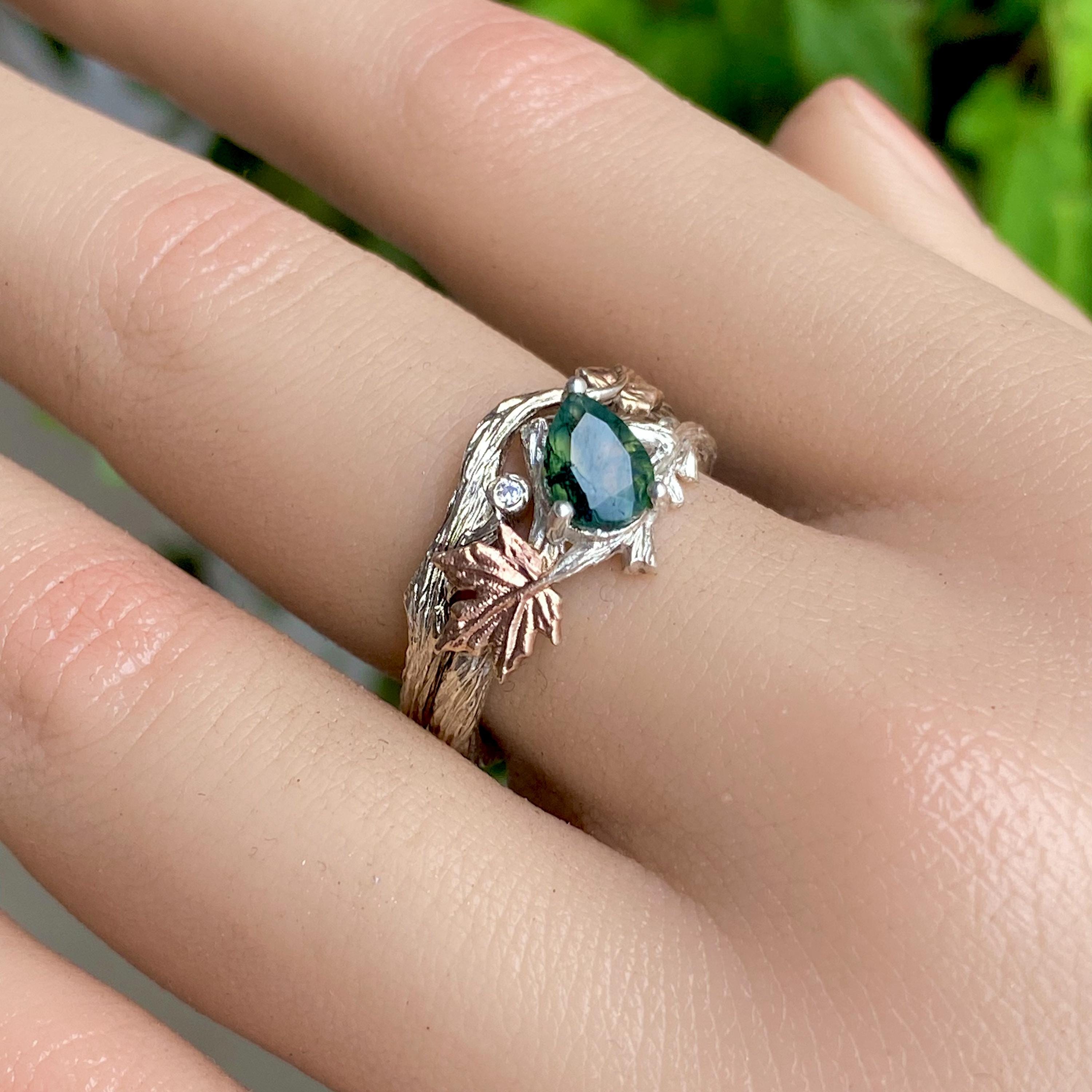 Natural moss agate sterling silver branch stacking ring, women's twig wedding ring set, unique tree branch ring with stone, promise ring