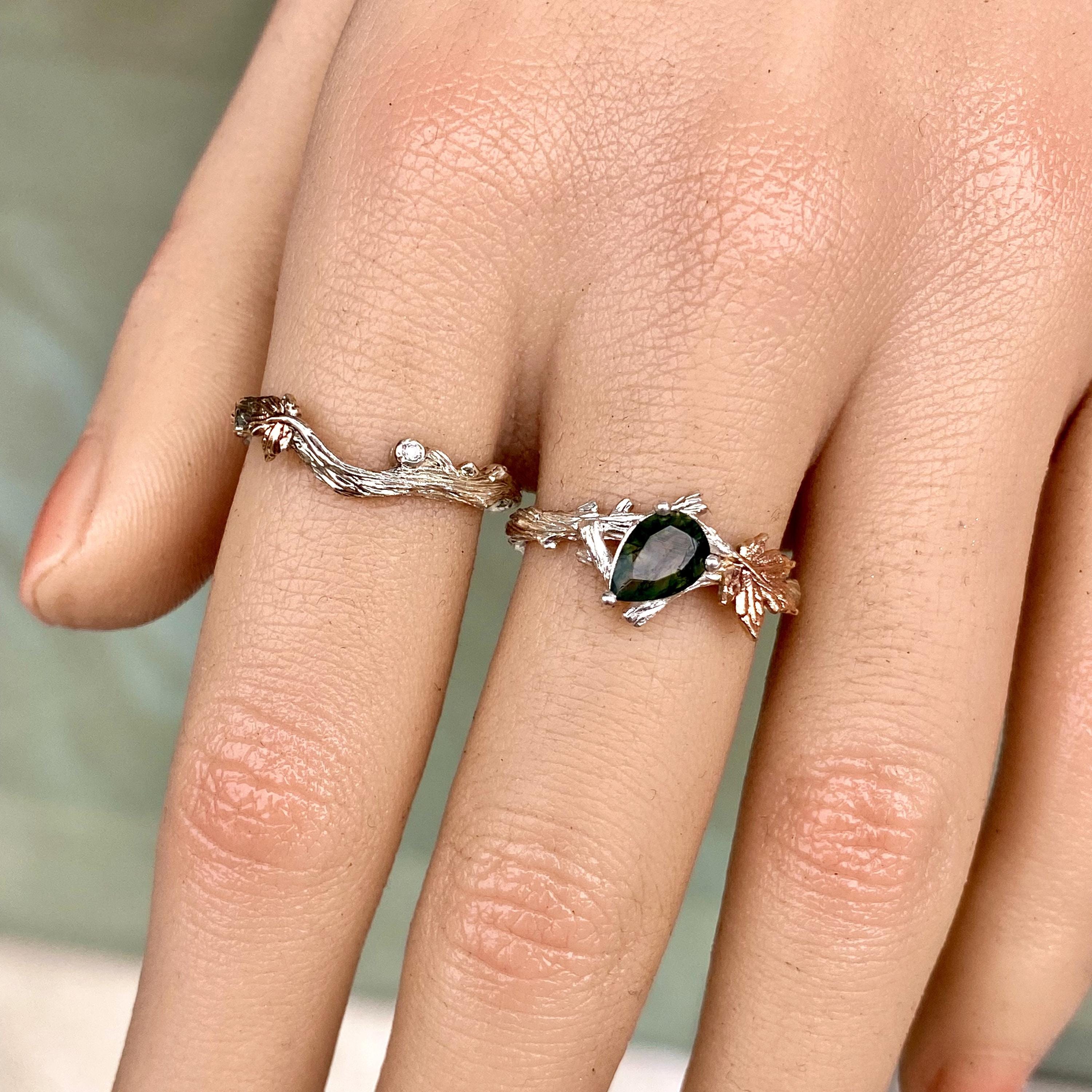 Natural moss agate sterling silver branch stacking ring, women's twig wedding ring set, unique tree branch ring with stone, promise ring
