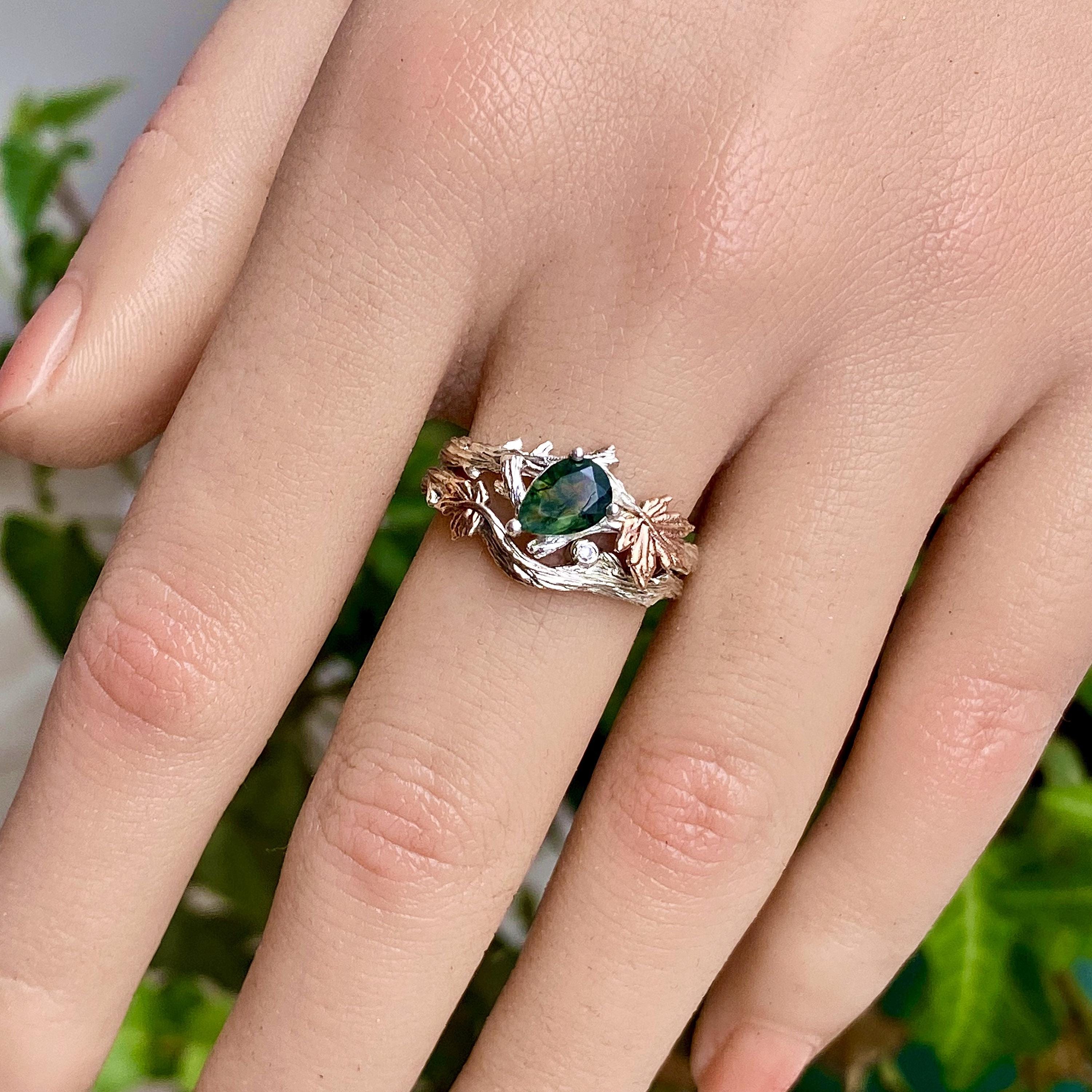 Natural moss agate sterling silver branch stacking ring, women's twig wedding ring set, unique tree branch ring with stone, promise ring