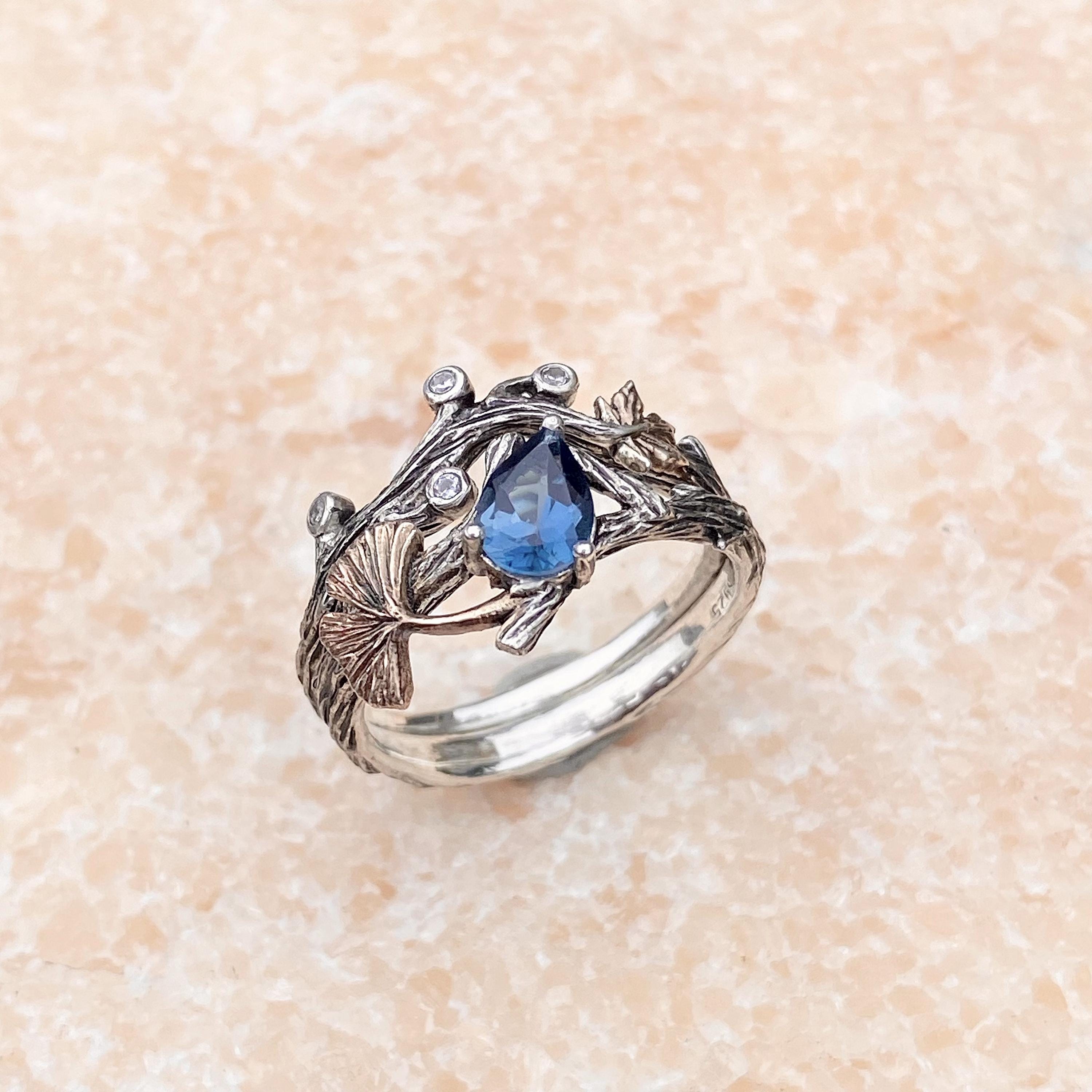 Natural London blue topaz S925 sterling silver engagement stacking ring, hand-carved branch ring, ginkgo leaf ring, twig ring for women
