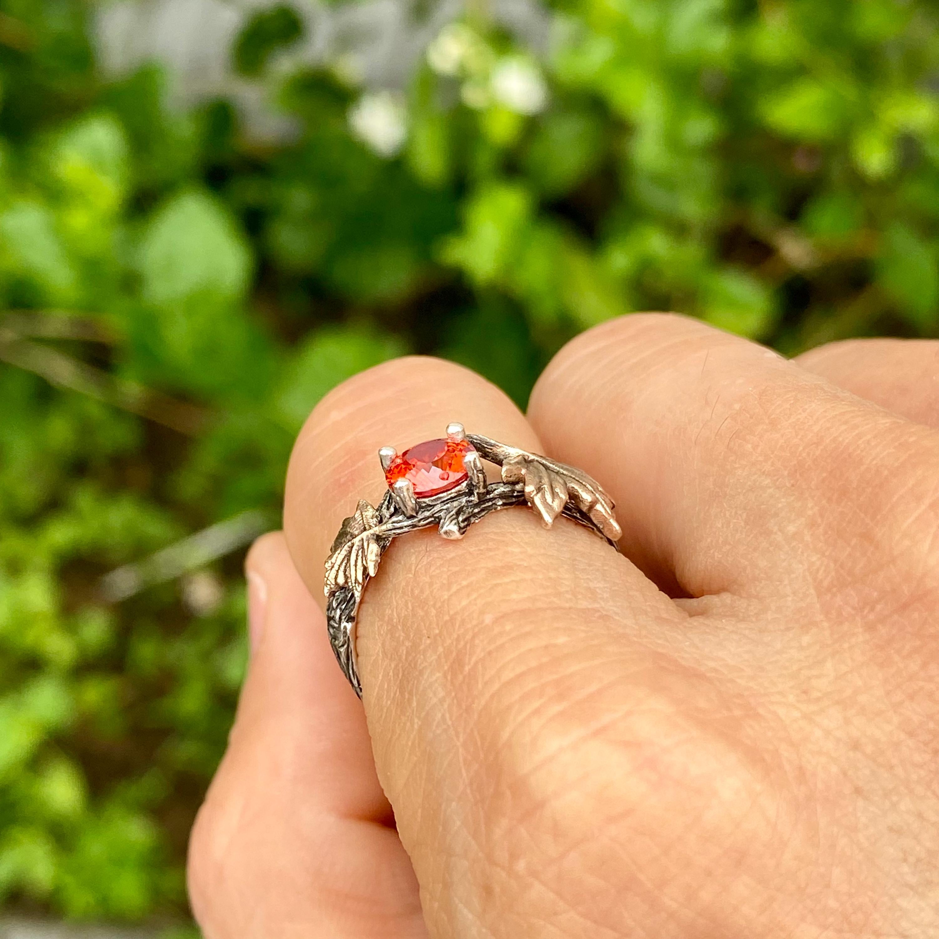 Hand Engraved Sterling Silver Branch Ring for women, natural padparadscha twig ring, Rustic Country Ring, Nature Inspired Ring, wedding band