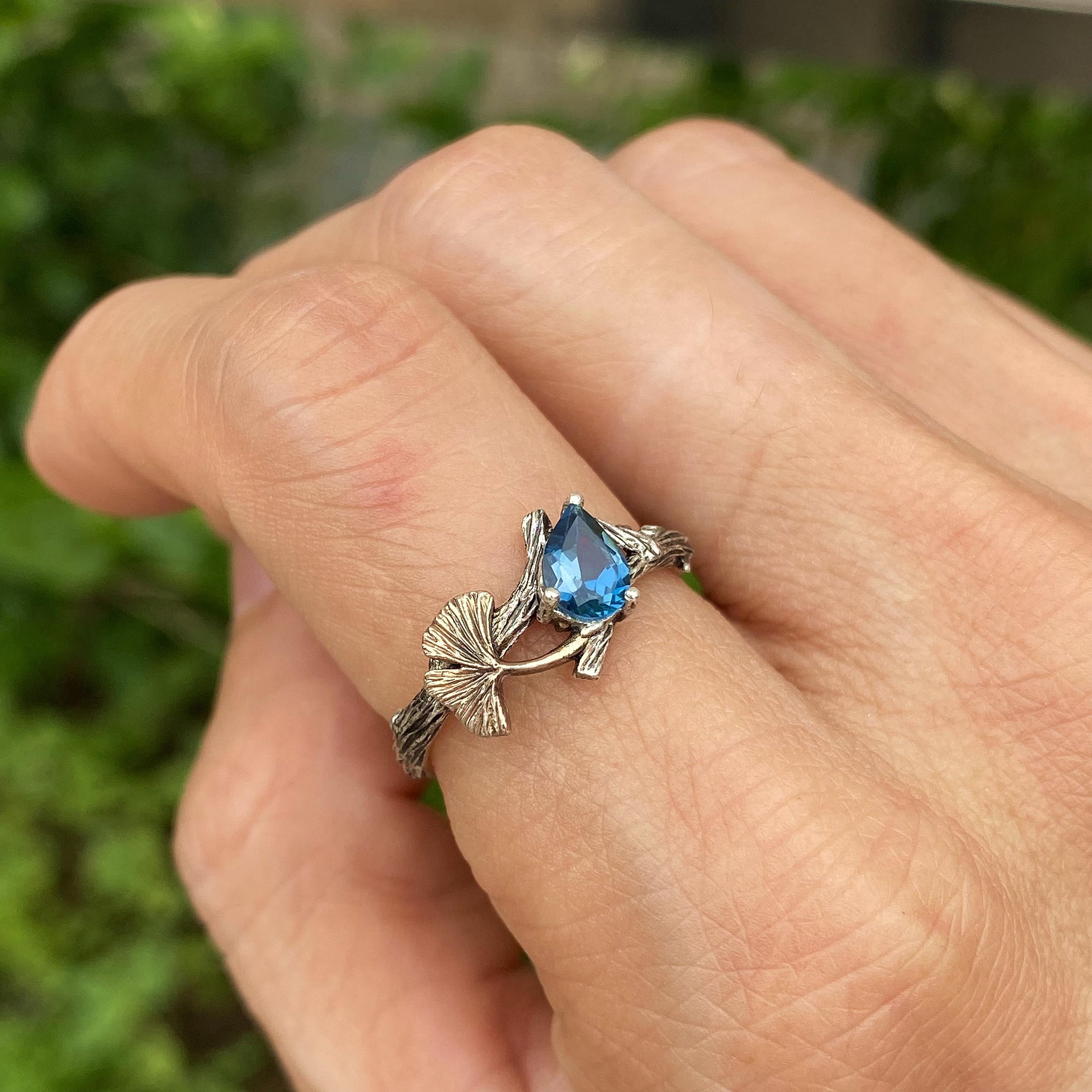 Ginkgo Leaf Ring: London Blue Topaz, Sterling Silver Branch, Hand-Carved, Twig ring with stone, For women, Wedding, Engagement, Forest style