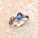 Ginkgo Leaf Ring: London Blue Topaz, Sterling Silver Branch, Hand-Carved, Twig ring with stone, For women, Wedding, Engagement, Forest style