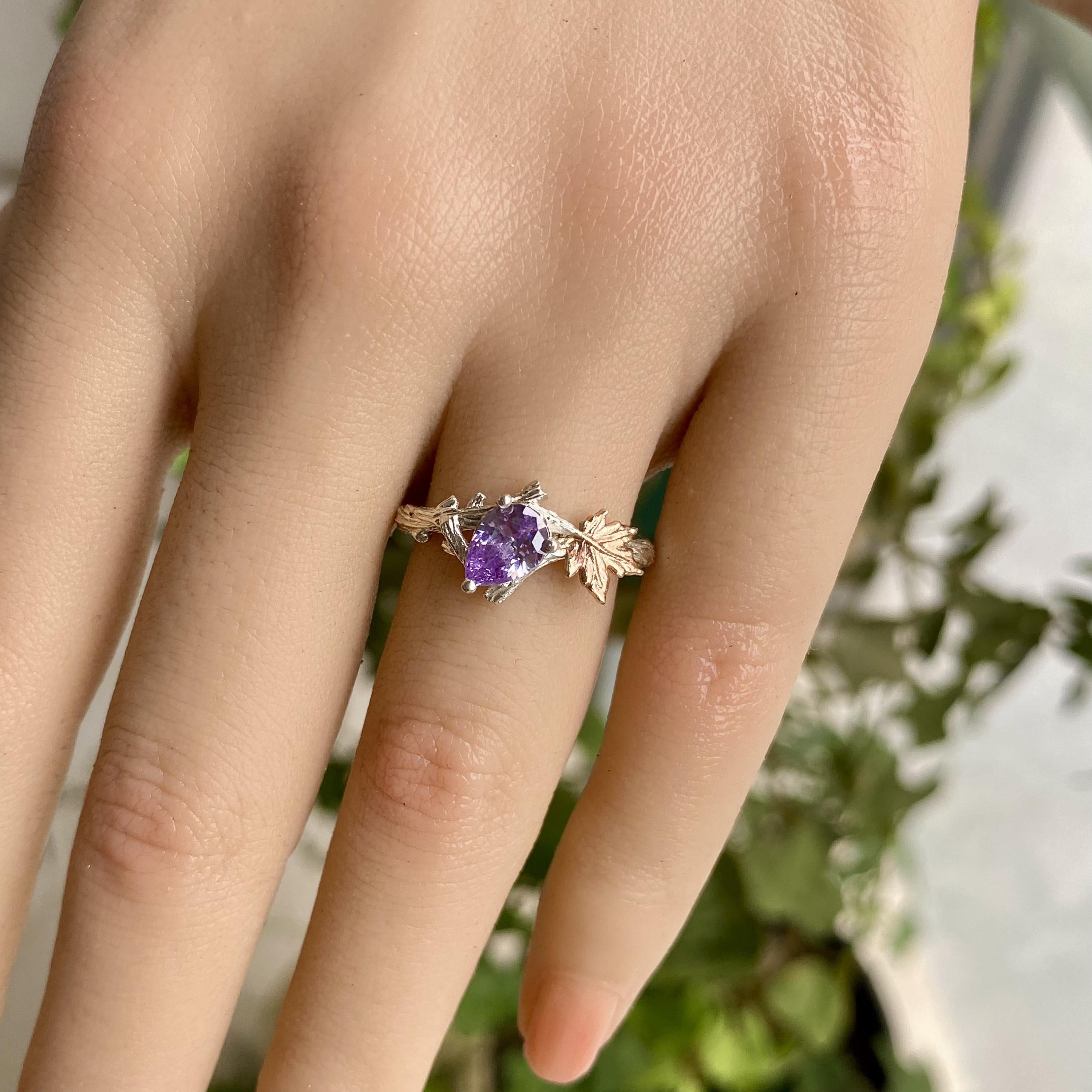 Natural amethyst sterling silver engagement branch ring, maple branch ring, personalized wedding band, February birthstone ring,promise ring