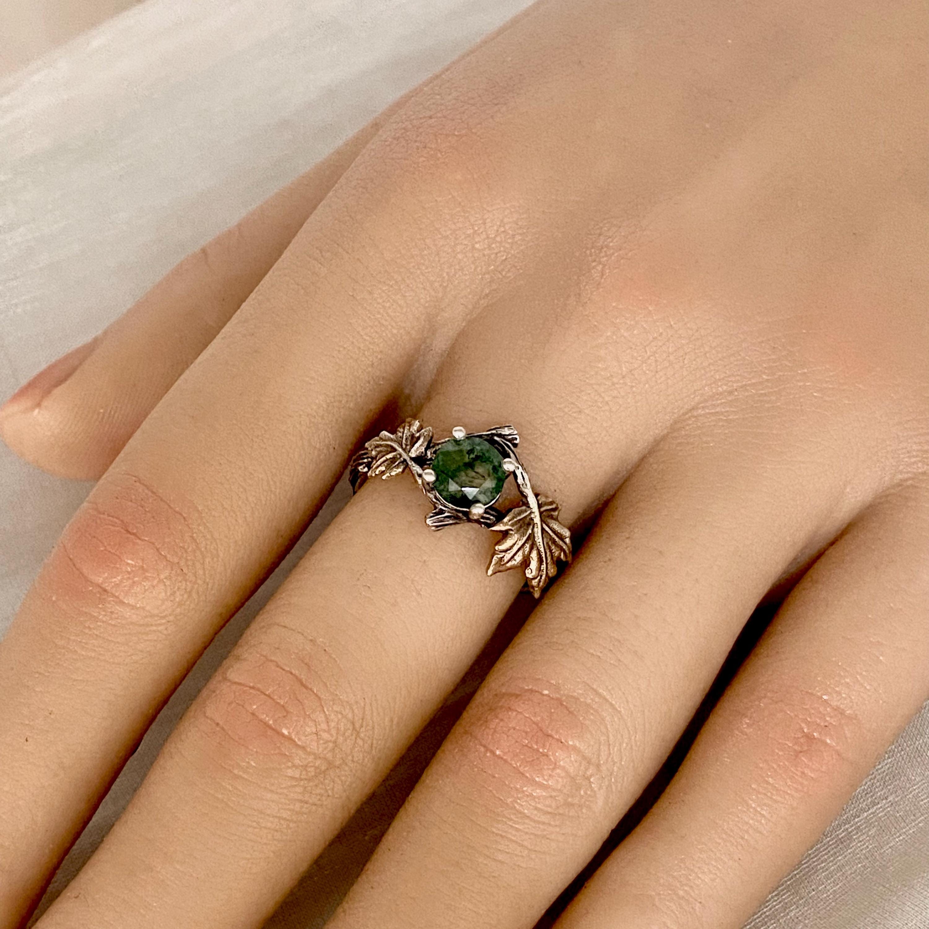 Natural moss agate sterling silver branch ring, twig maple leaf ring, vintage engagement ring, hand carved wedding ring, anniversary ring
