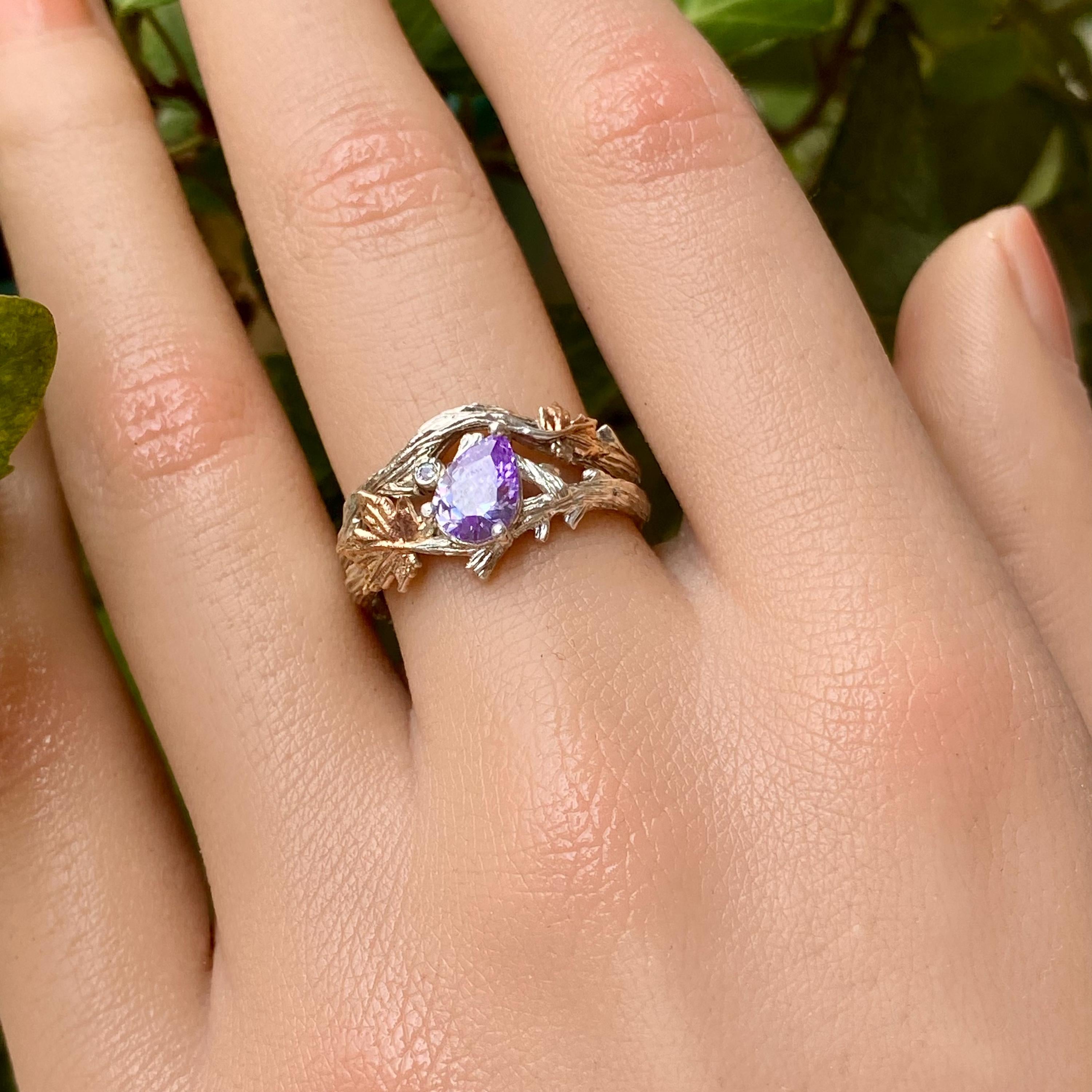 Unique handmade sterling silver branch ring, natural amethyst wedding ring, branch February birthstone ring, stacking ring, anniversary gift