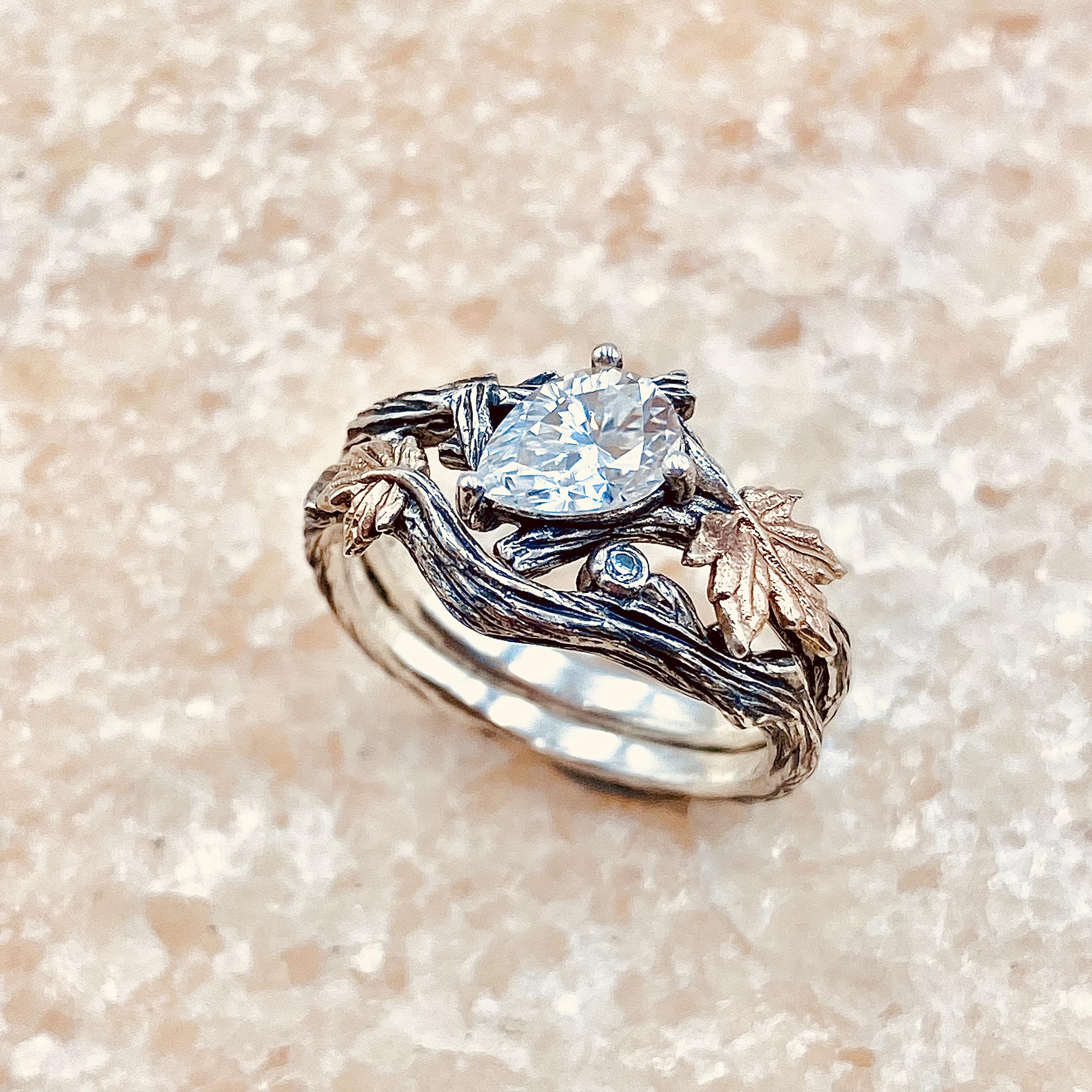 Unique moissanite branch silver ring, vintage engagement ring, personalized wedding branch ring, stacking ring, maple leaf ring