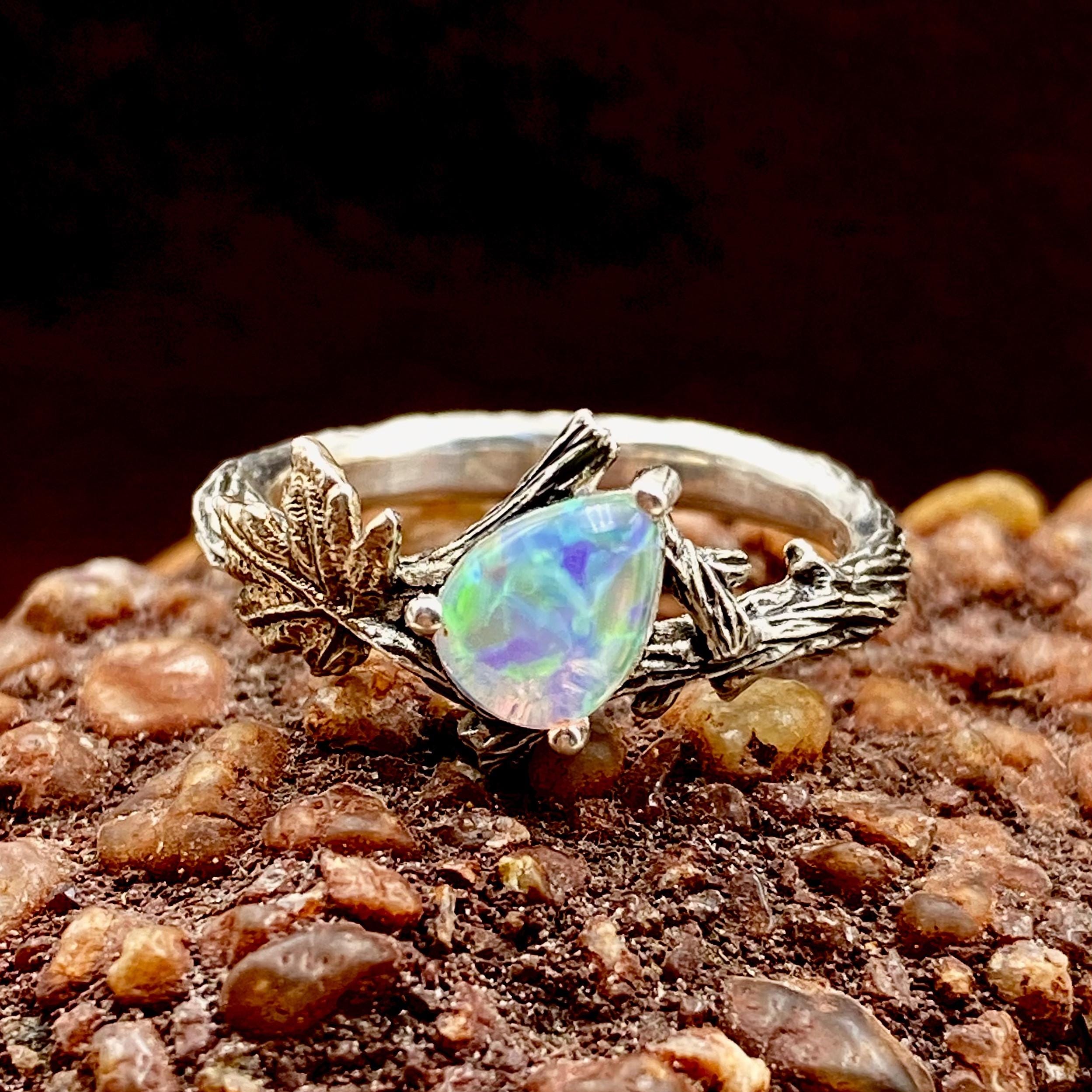Natural opal stone sterling silver branch wedding ring, women's maple leaf ring, personalized vintage S925 silver ring, gift for her