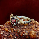 S925 sterling silver garnet ring, vintage tree branch and maple leaf ring, twig ring with garnet, hand carved bark ring, statement ring