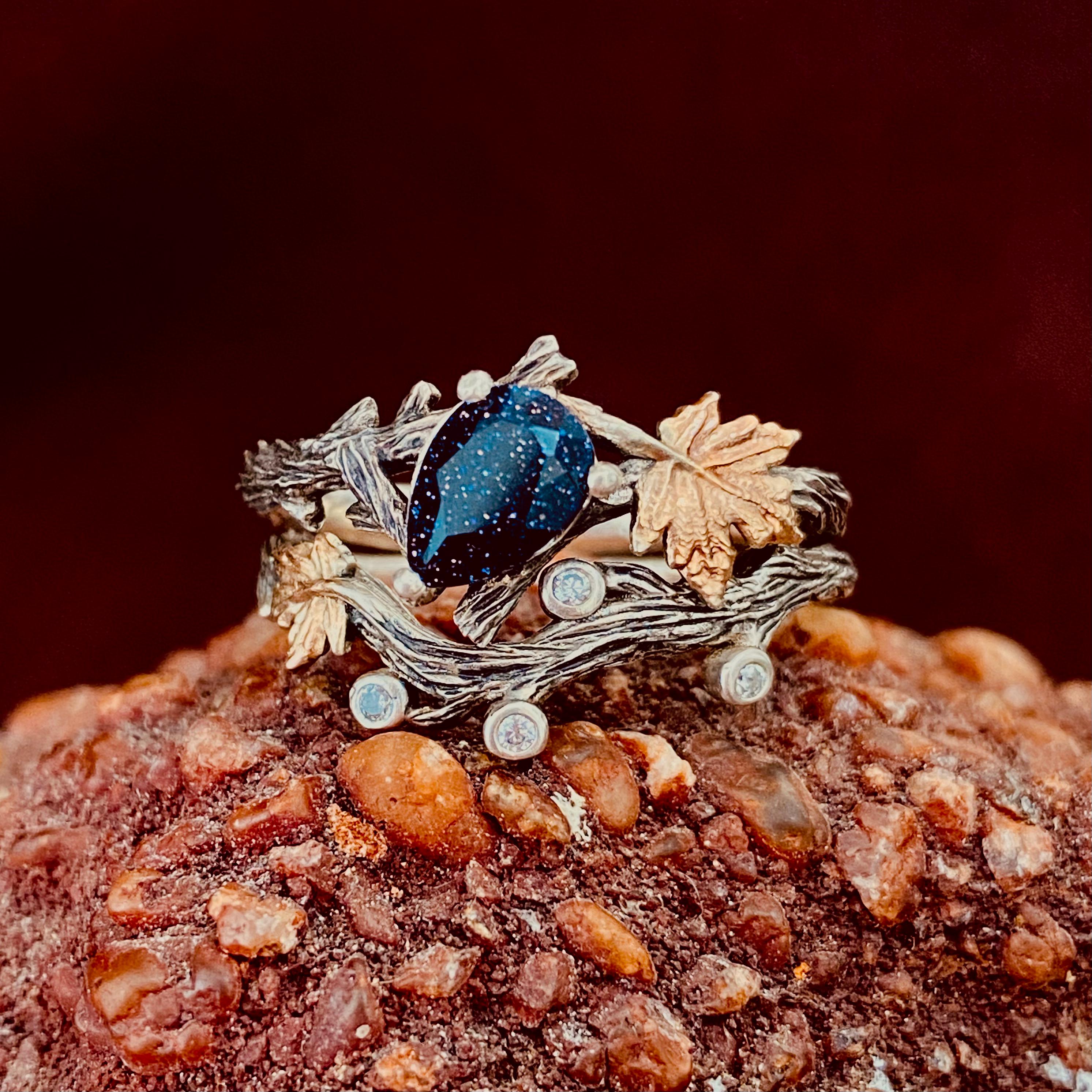 Maple Leaf Stacked Blue Sandstone Silver Twig Ring, Hand-carved Leaf Ring, Personalized Wedding Ring, Engagement Ring, Promise Ring for her