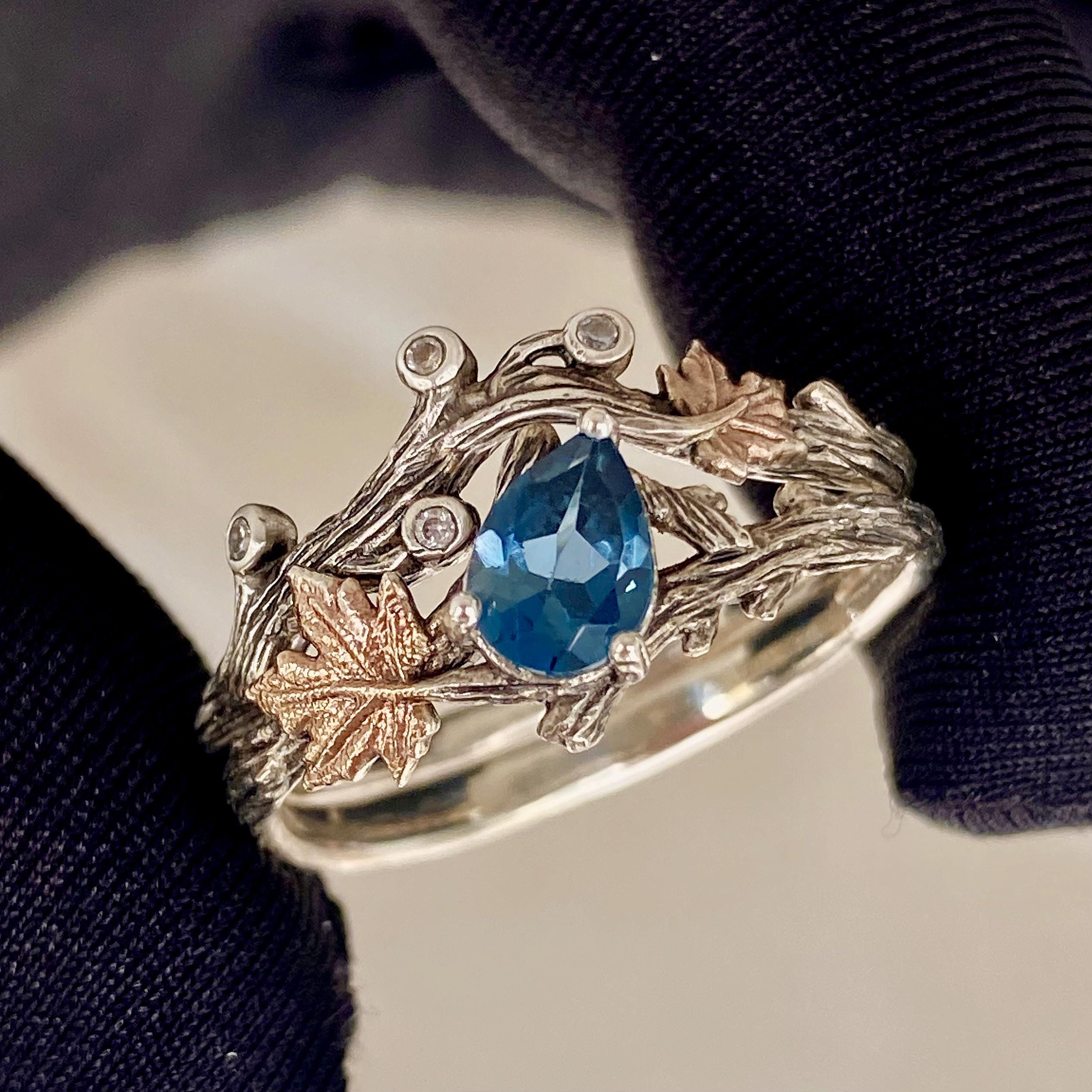 Topaz branch silver ring, twig and leaf engagement ring, maple leaf stacking ring, London blue topaz ring, tree and leaf ring, fiancee gift