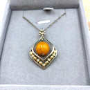 Collection of natural amber beeswax stone S925 silver pendant necklace, medieval vintage beeswax stone women's necklace, antique necklace