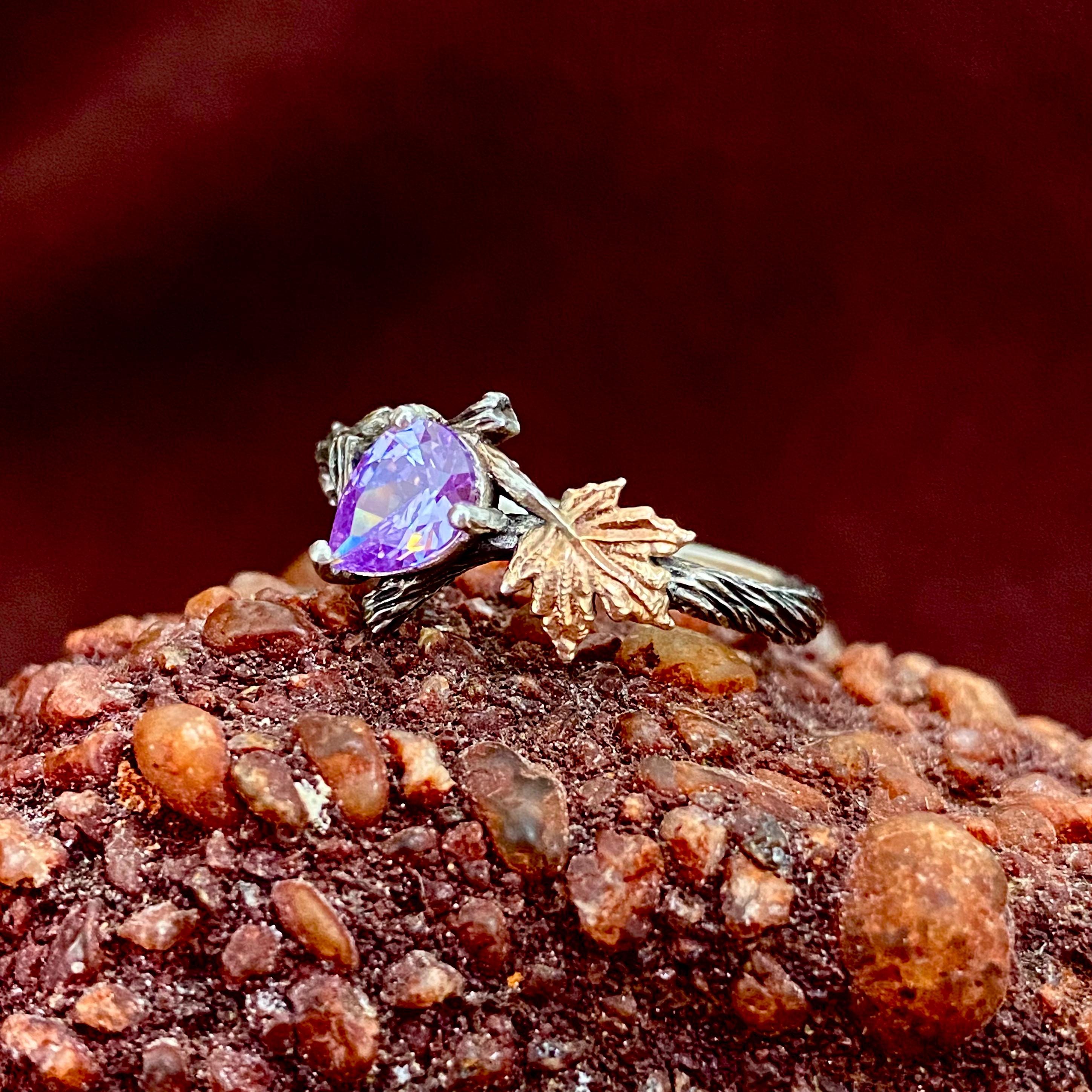Natural amethyst branch wedding ring, S925 sterling silver maple leaf ring, hand-carved bark ring, birthstone ring, twig silver ring
