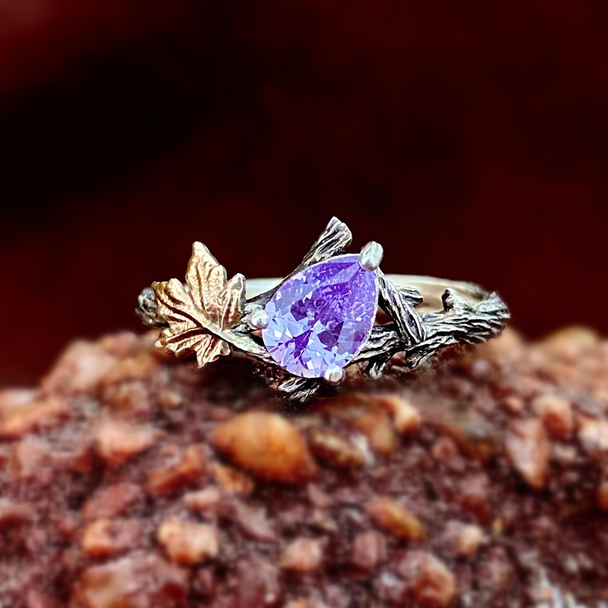 Natural amethyst branch wedding ring, S925 sterling silver maple leaf ring, hand-carved bark ring, birthstone ring, twig silver ring