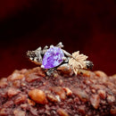 Natural amethyst branch wedding ring, S925 sterling silver maple leaf ring, hand-carved bark ring, birthstone ring, twig silver ring